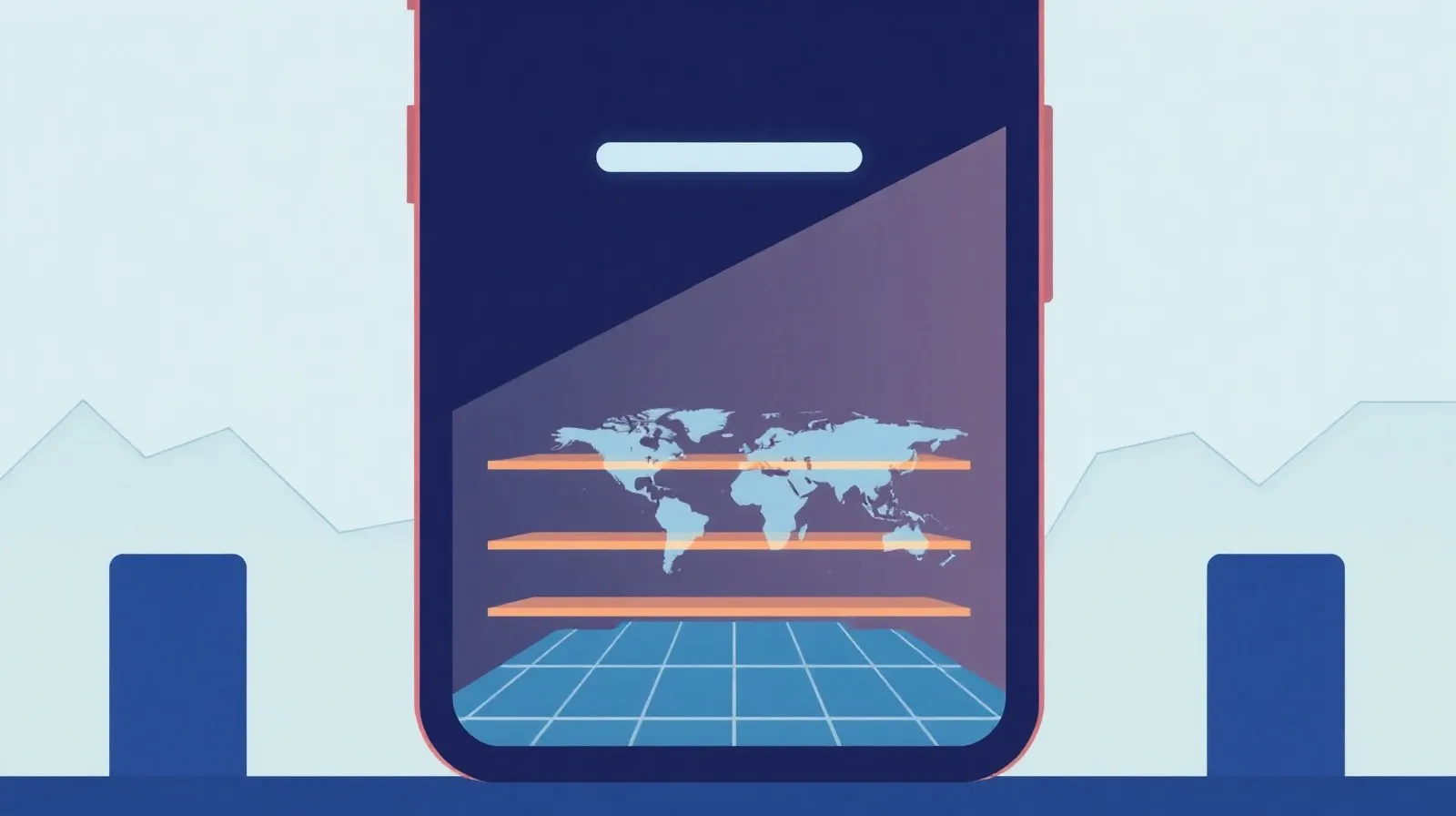 Ilustración abstracta de un mapa y formas geométricas que representan la salida de una marca de teléfonos de un mercado