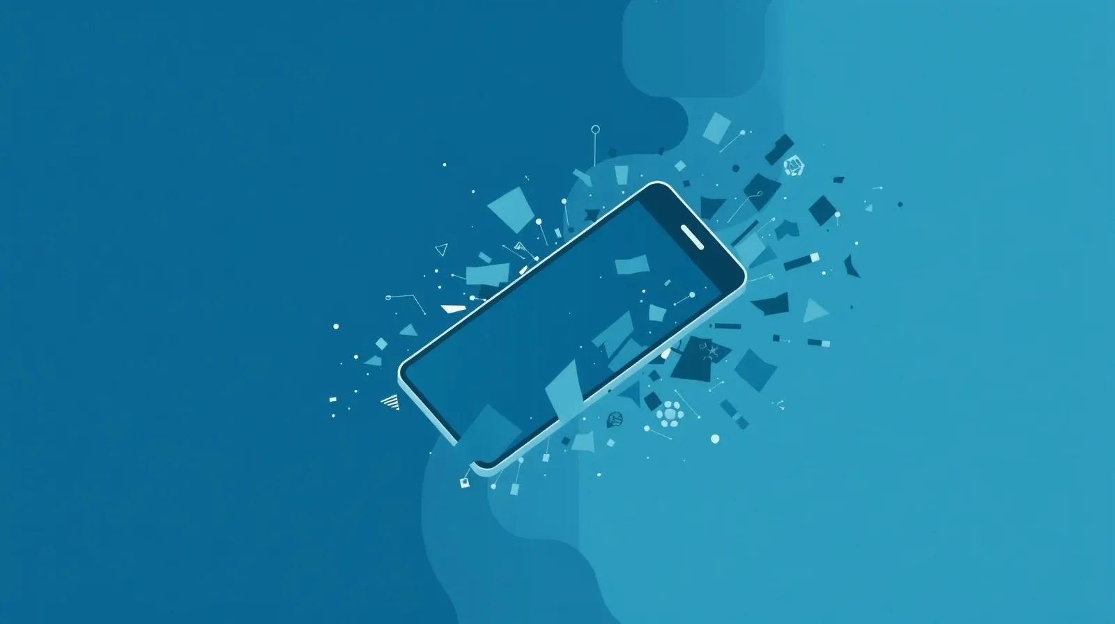 Ilustración abstracta de un teléfono inteligente disolviéndose en formas geométricas, simbolizando el repliegue de una marca tecnológica