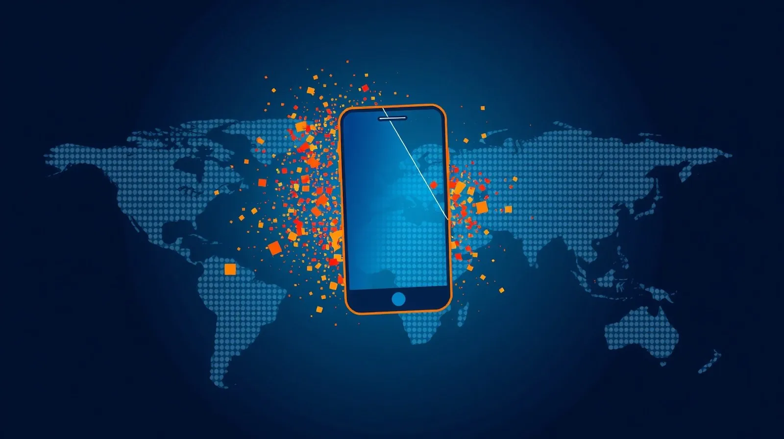 Ilustración abstracta de un teléfono fragmentándose sobre un mapa mundial, representando la salida de una marca de mercados globales