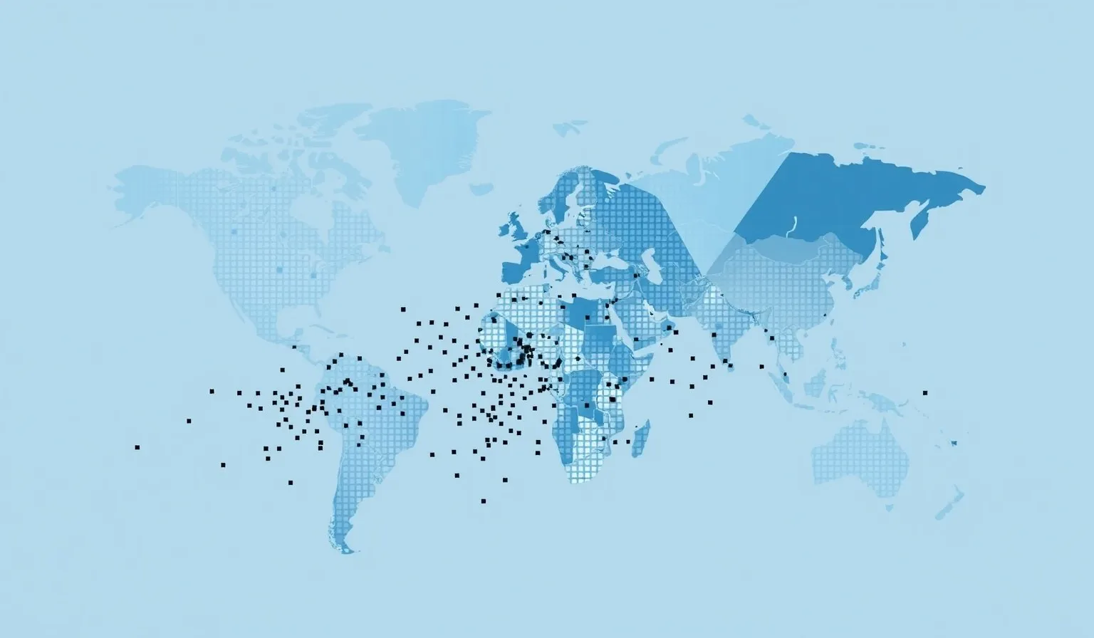 Ilustración abstracta de un mapa mundial fragmentado en formas geométricas que simboliza el retiro de una marca tecnológica de ciertos mercados