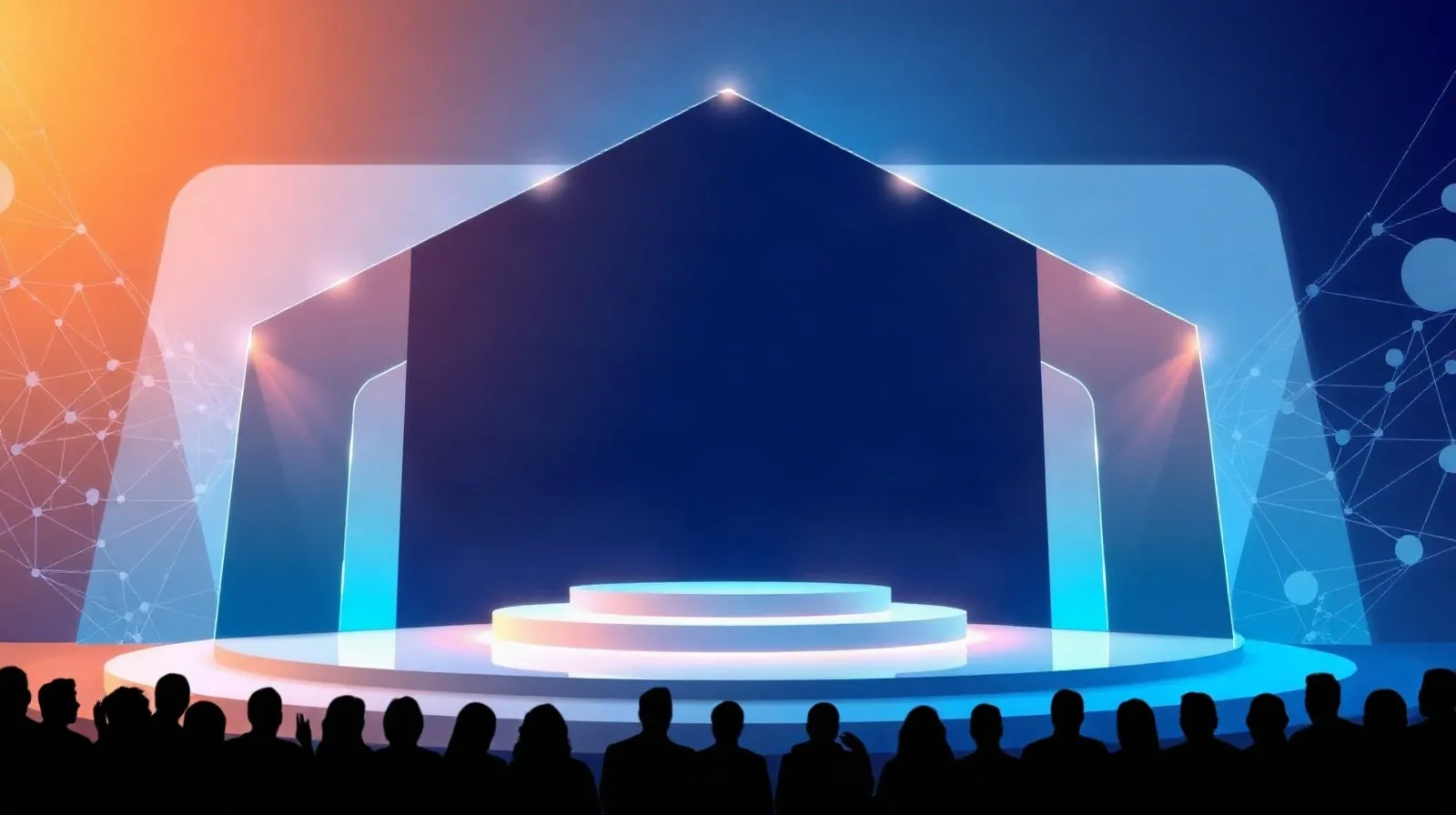 Ilustración abstracta de un escenario tecnológico con luces y formas geométricas que simbolizan un evento de presentación de inteligencia artificial