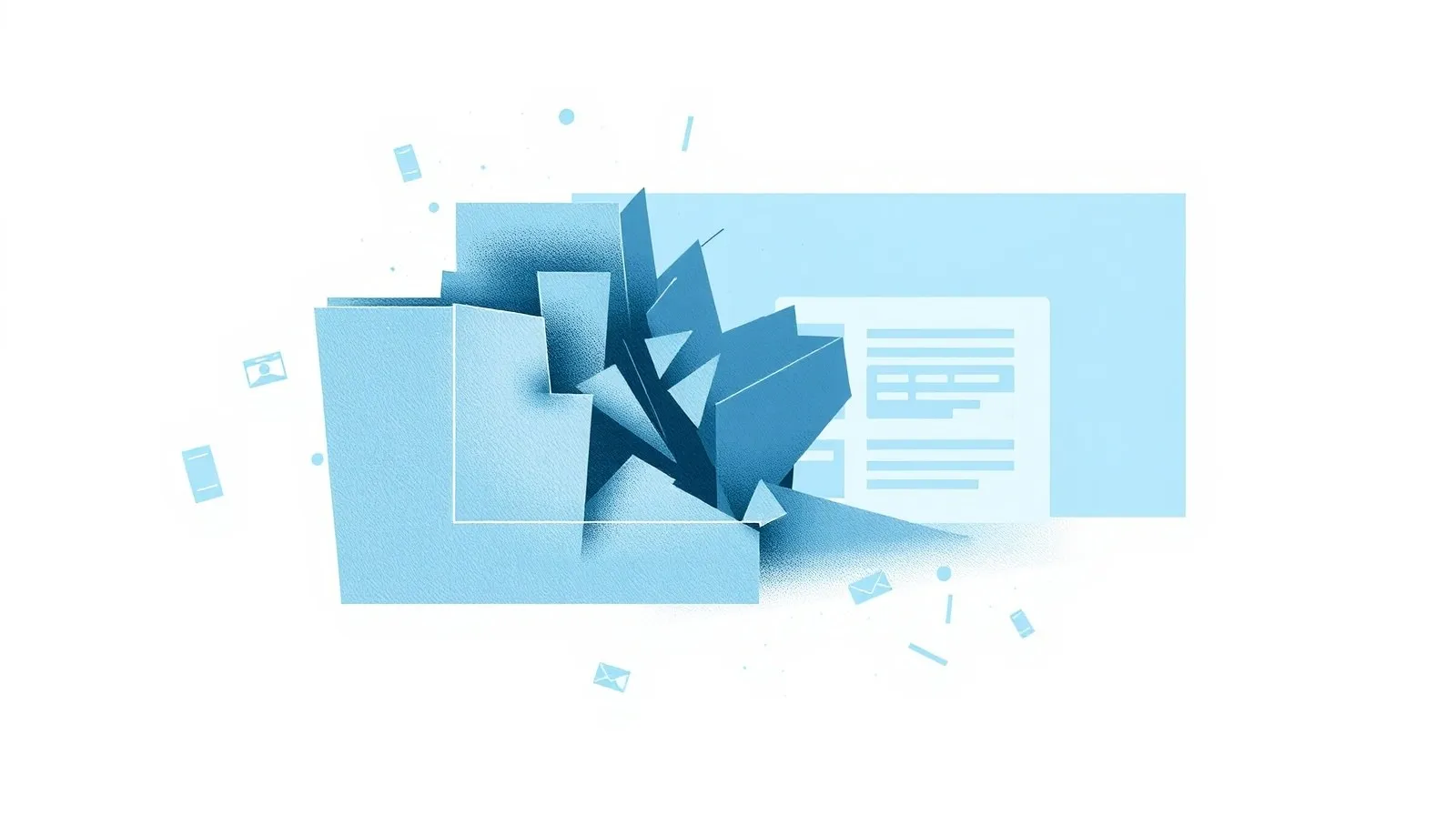 Ilustración abstracta de paneles digitales fragmentándose, representando el cierre de un navegador y la reorganización de aplicaciones de IA