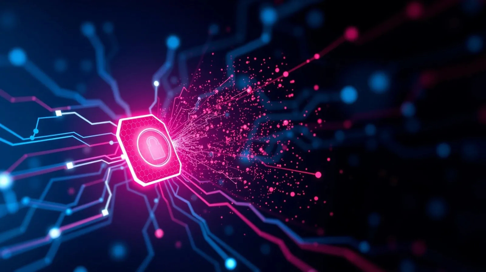 Ilustración abstracta de una red digital con un nodo fracturado que simboliza una brecha de seguridad en sistemas de inteligencia artificial