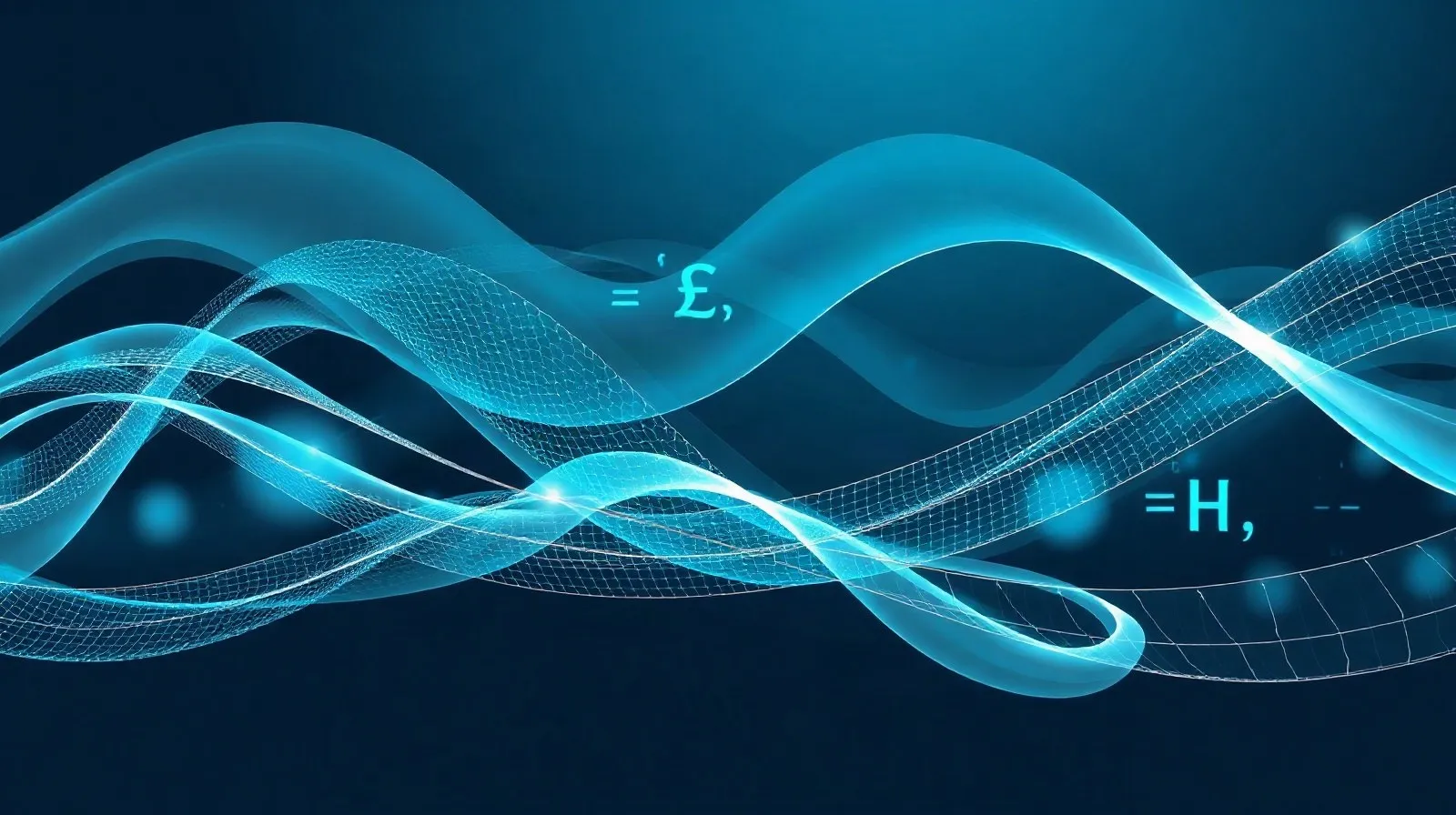 Ilustración abstracta de ondas fluidas y líneas geométricas que representan matemáticas e inteligencia artificial