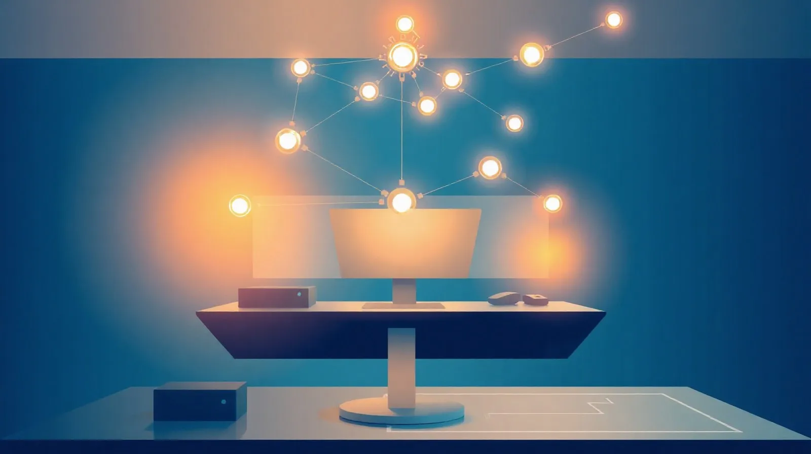 Ilustración abstracta de una red de nodos digitales que representa un agente de inteligencia artificial trabajando sobre una interfaz futurista