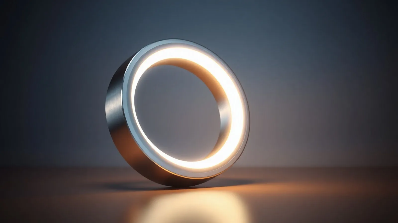 Ilustración abstracta de un altavoz inteligente metálico en forma de dona con un anillo de luz