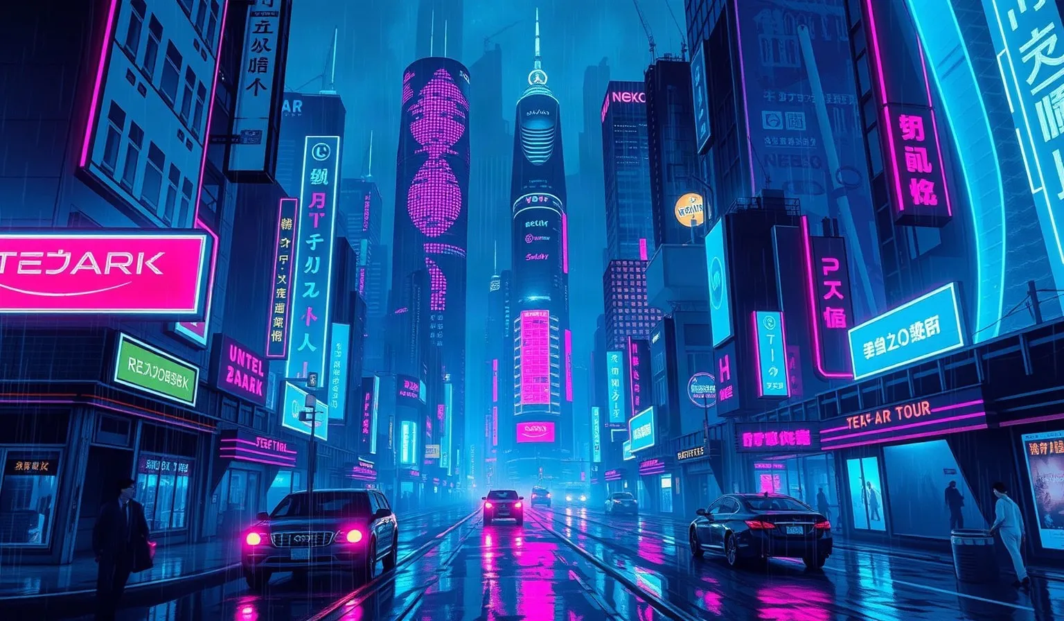 Ilustración abstracta de una ciudad futurista nocturna con luces de neón, inspirada en la estética cyberpunk