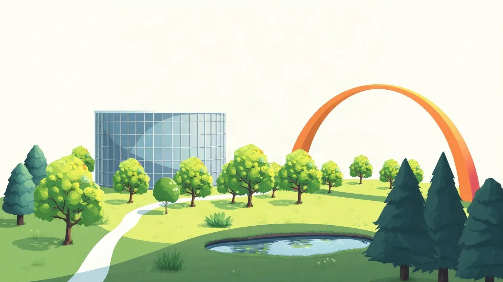 Ilustración abstracta de un campus tecnológico circular con jardines, un arco tipo arcoíris y un estanque