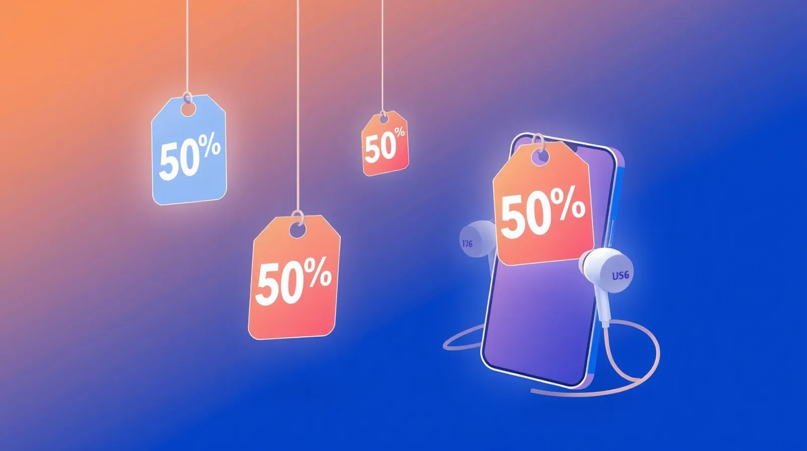Ilustración abstracta de teléfonos y auriculares con etiquetas de descuento flotando sobre un fondo degradado