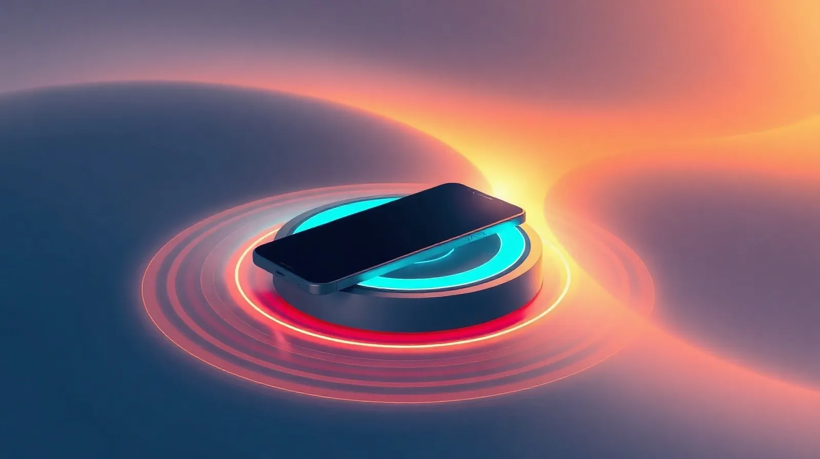 Ilustración abstracta de un teléfono sobre un cargador inalámbrico con ondas de energía