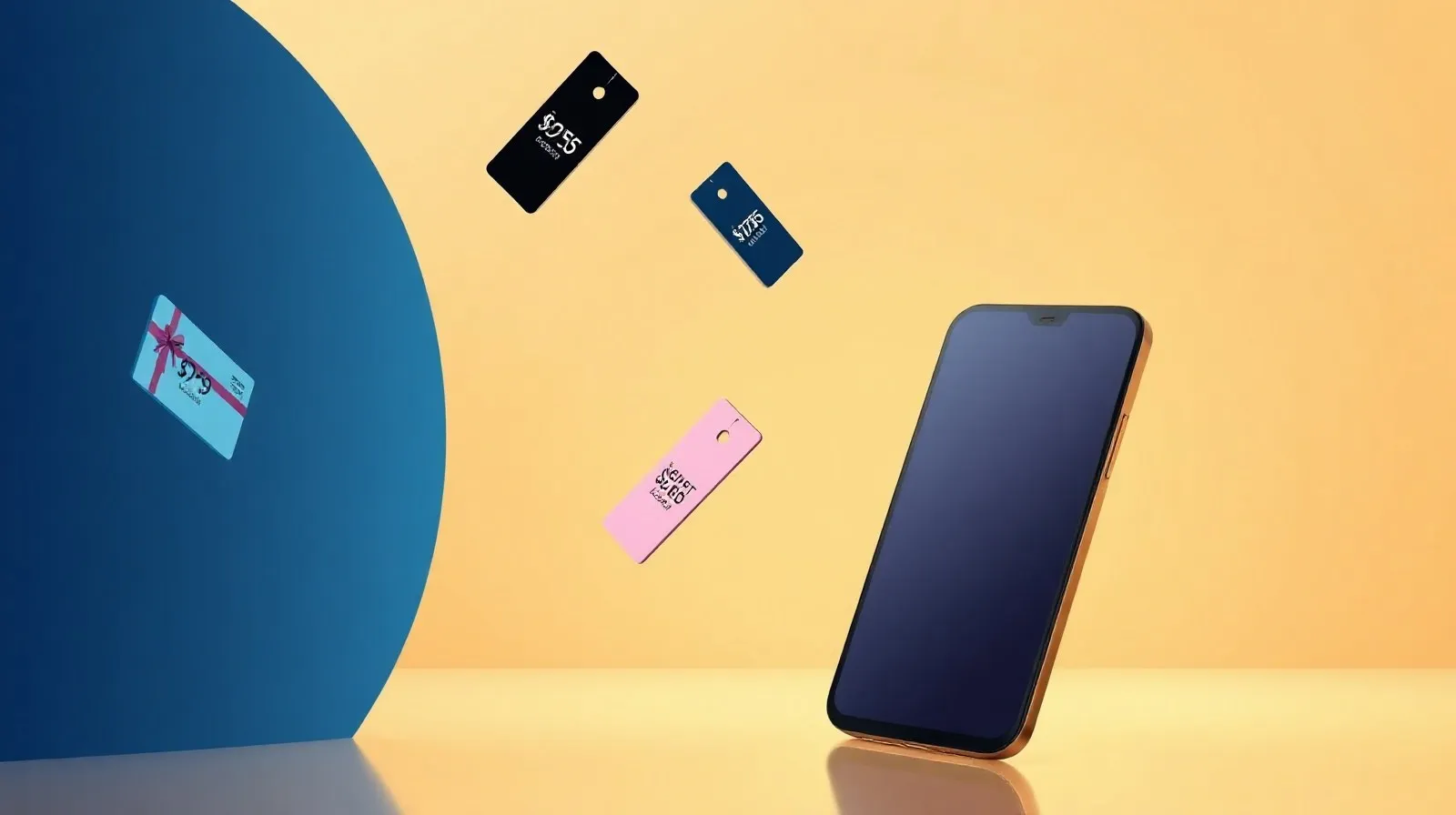 Ilustración abstracta de siluetas de teléfonos inteligentes con elementos gráficos que sugieren precios y promociones