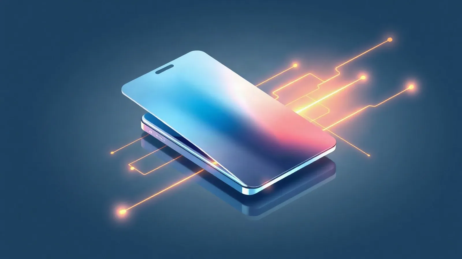 Ilustración abstracta que representa un smartphone premium con elementos de inteligencia artificial en tonos azules y dorados