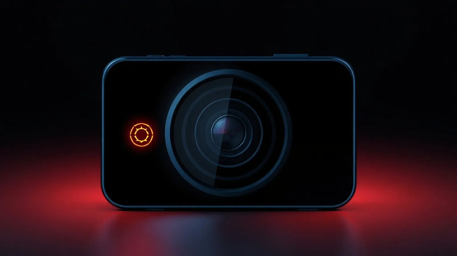 Ilustración abstracta de un módulo de cámara de smartphone con luces geométricas sobre fondo oscuro