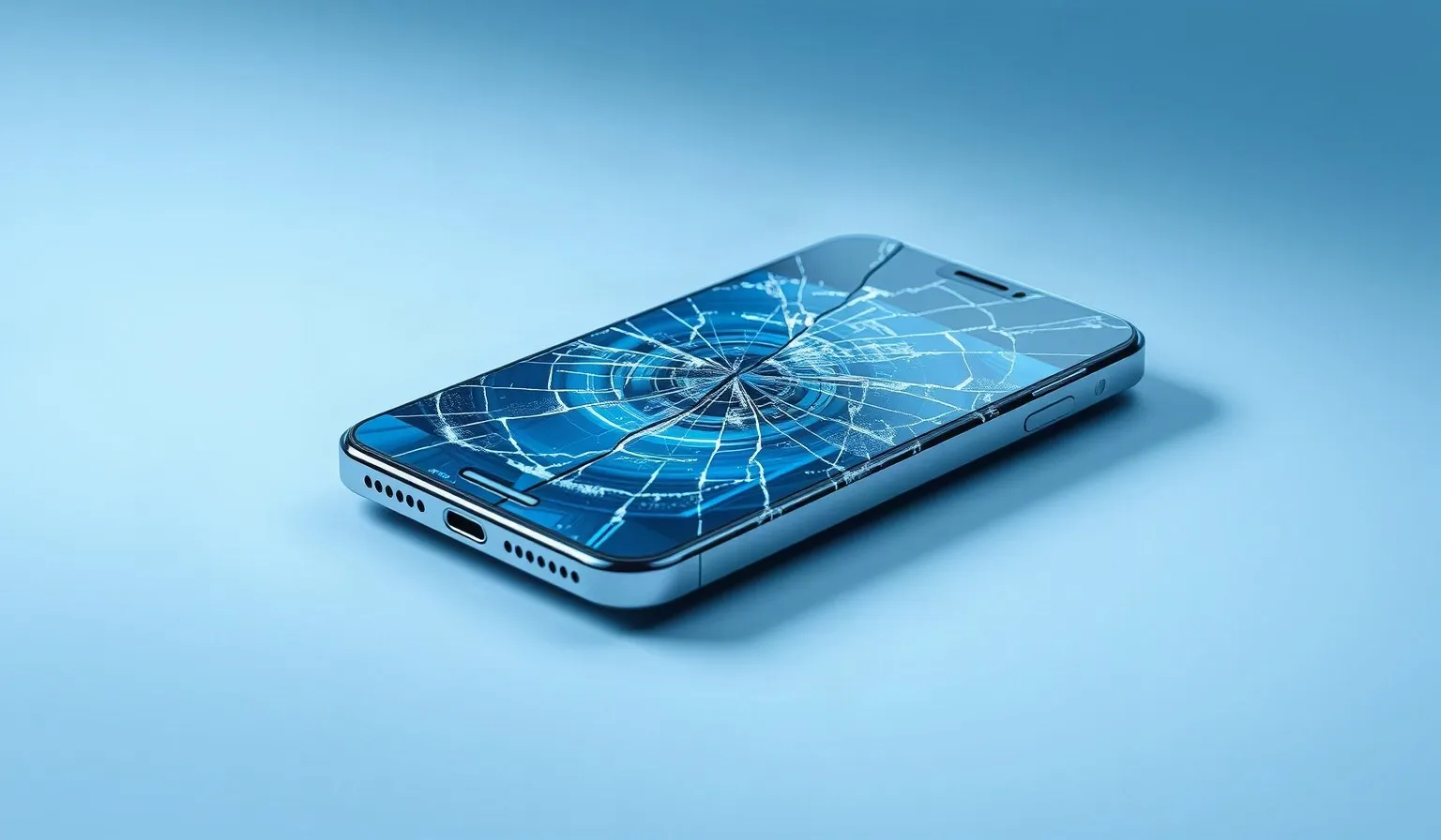 Ilustración abstracta de un smartphone con capas de vidrio y metal mostrando texturas de rayones, representando pruebas de durabilidad