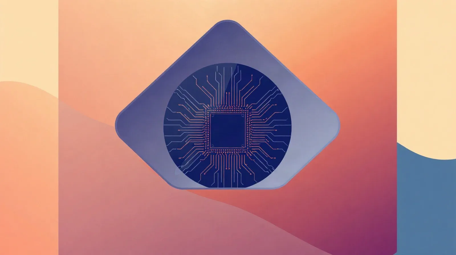 Ilustración abstracta de formas geométricas que representan una cámara y un chip, simbolizando la actualización de un teléfono