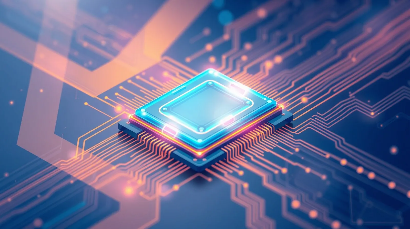 Ilustración abstracta de un chip de smartphone con patrones de circuitos iluminados en tonos azules y naranjas