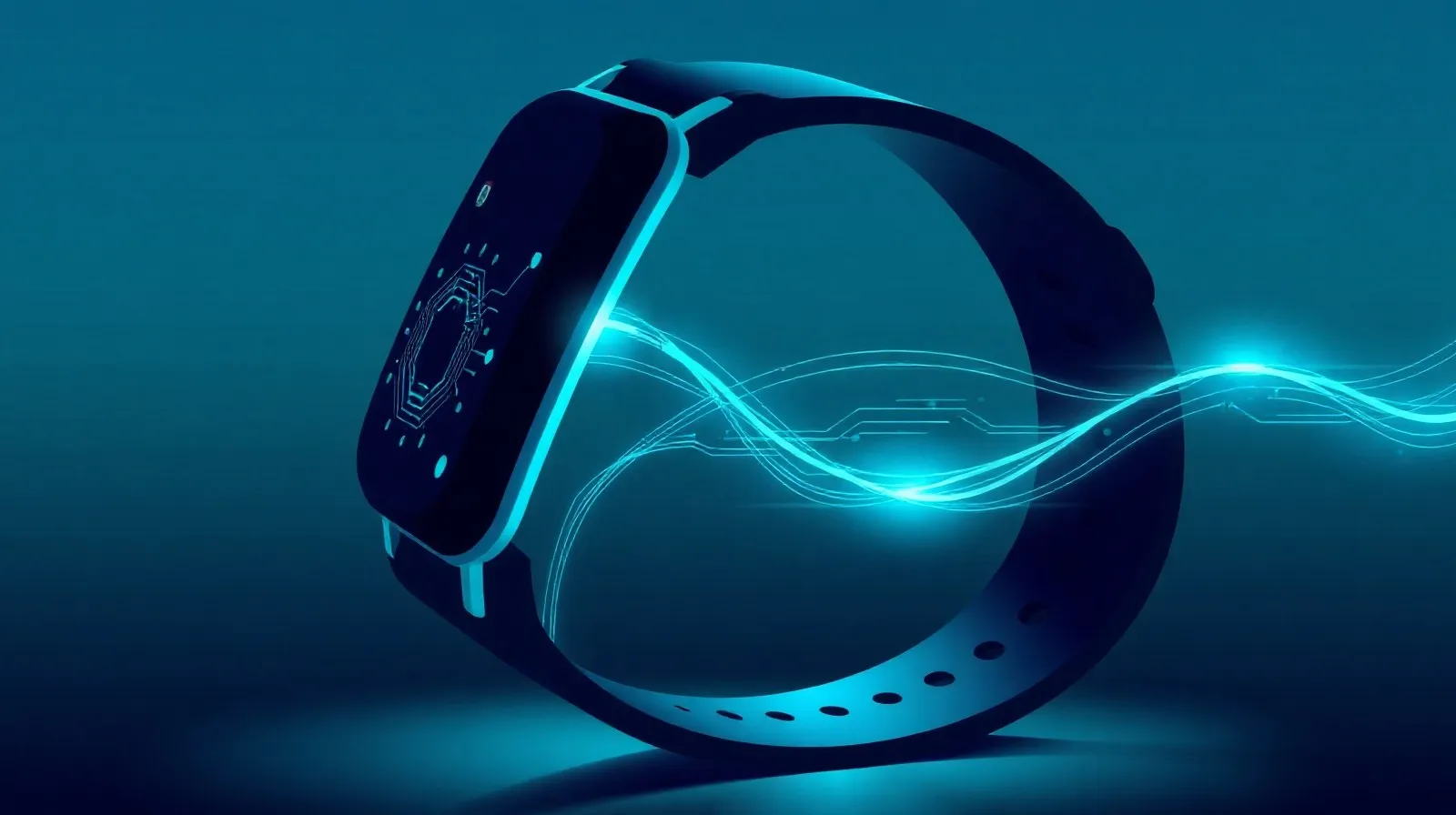 Ilustración abstracta de un reloj inteligente con patrones de circuitos brillantes que representan un nuevo chip y banda deportiva