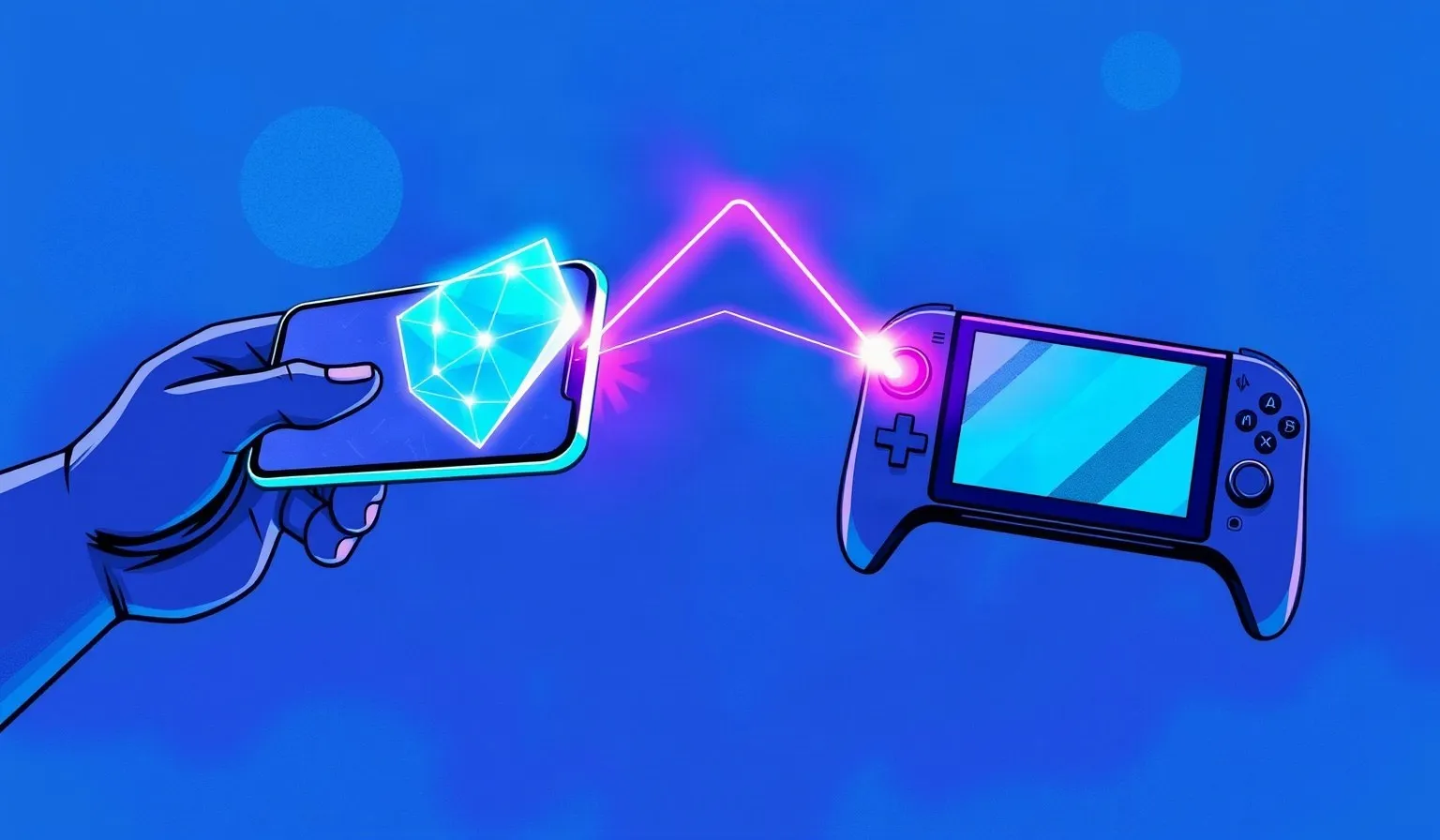 Ilustración abstracta que representa la conexión y contraste entre el juego móvil y una consola portátil
