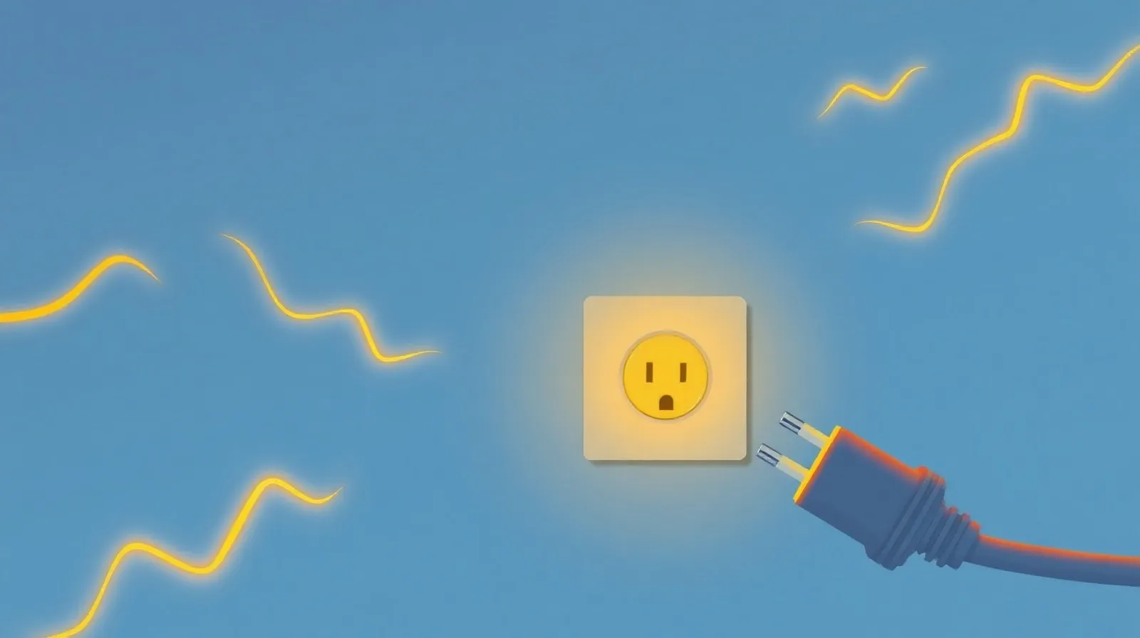 Ilustración abstracta de un cargador desconectado de la pared con destellos de energía y rayos de fondo