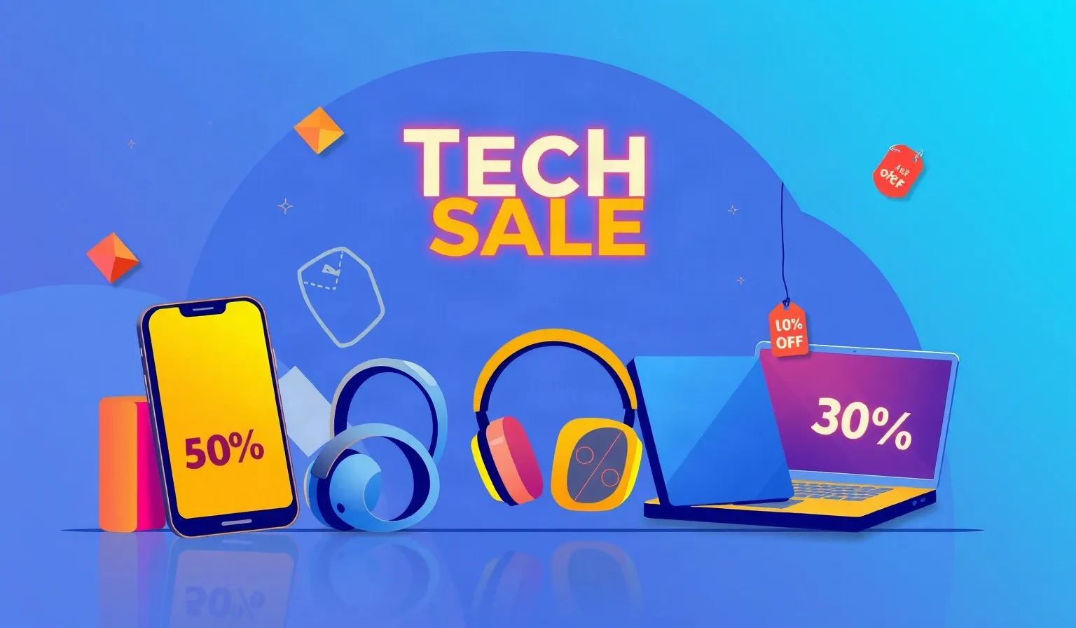 Ilustración abstracta de dispositivos tecnológicos y etiquetas de descuento representando ofertas de Prime Big Deal Days
