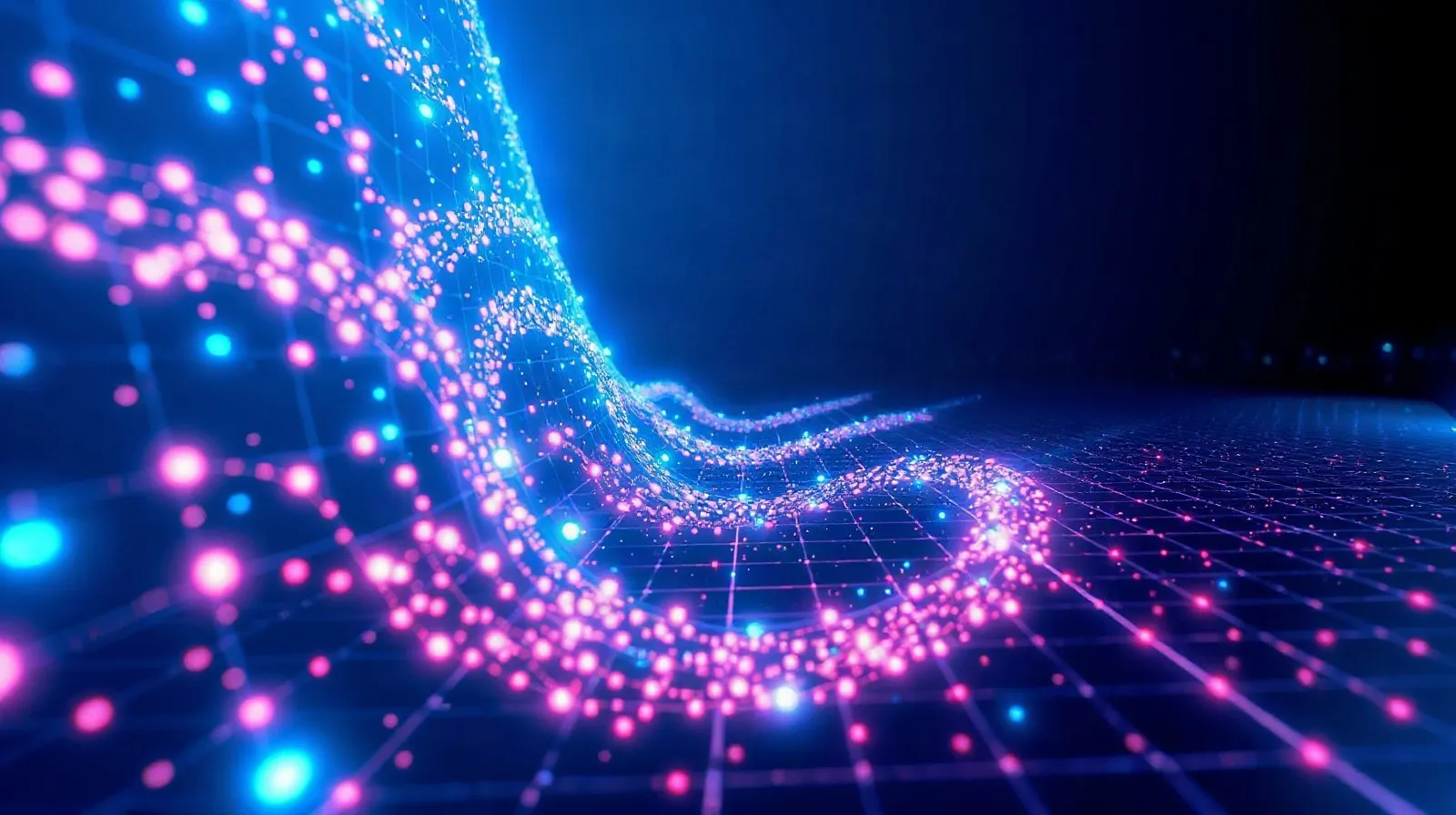 Ilustración abstracta de redes neuronales y píxeles representando el escalado de imagen por inteligencia artificial