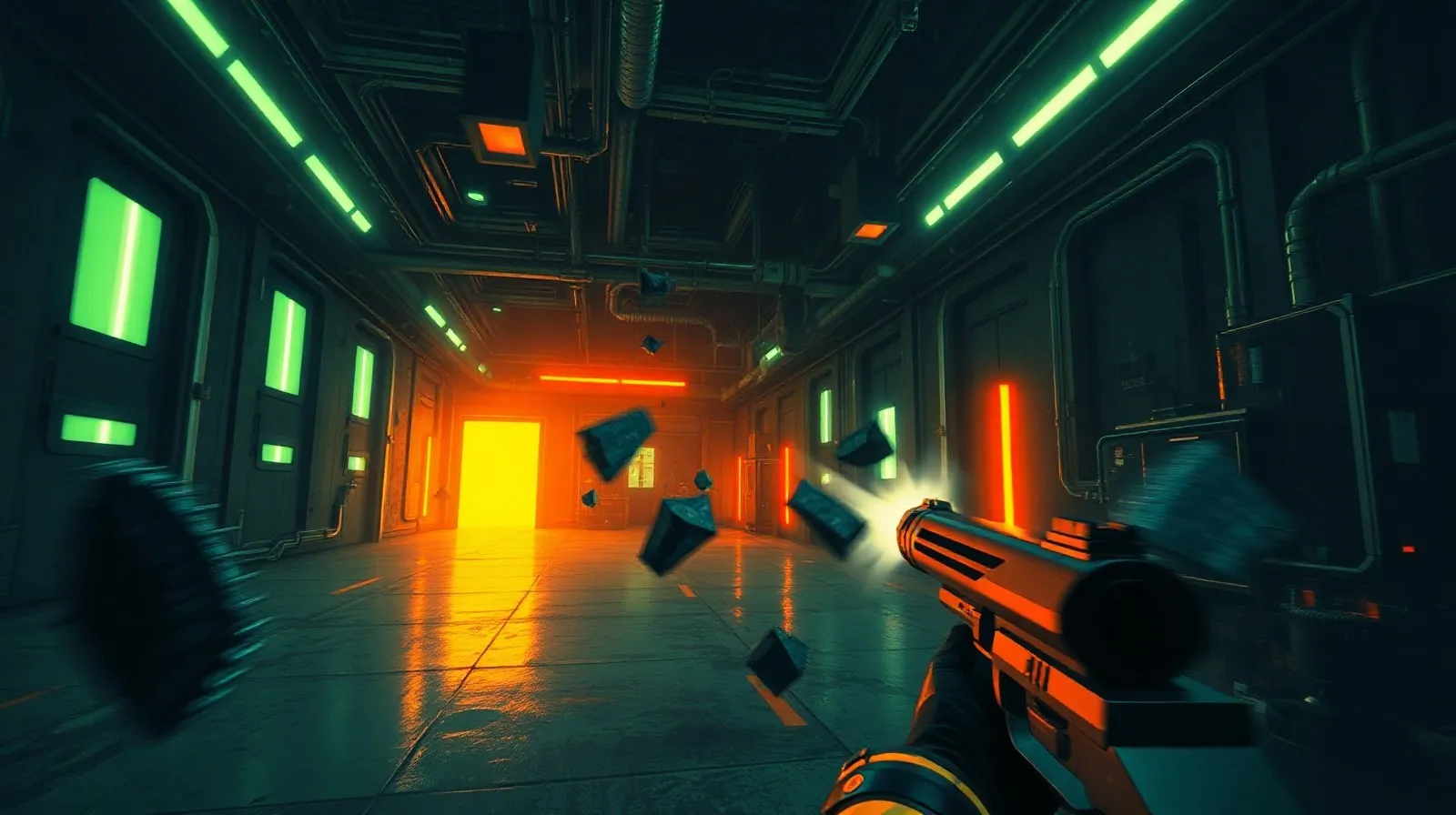 Ilustración abstracta de un pasillo futurista con luces neón que evoca la atmósfera clásica de Quake