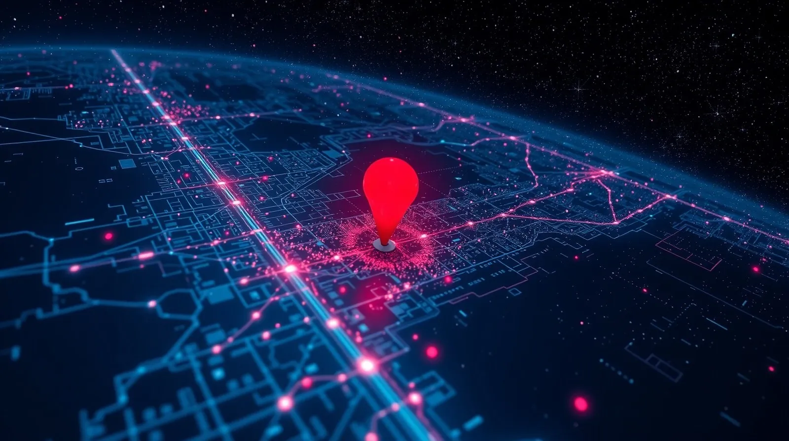 Ilustración abstracta de un mapa que se transforma en el espacio profundo con un punto de ubicación flotando entre estrellas