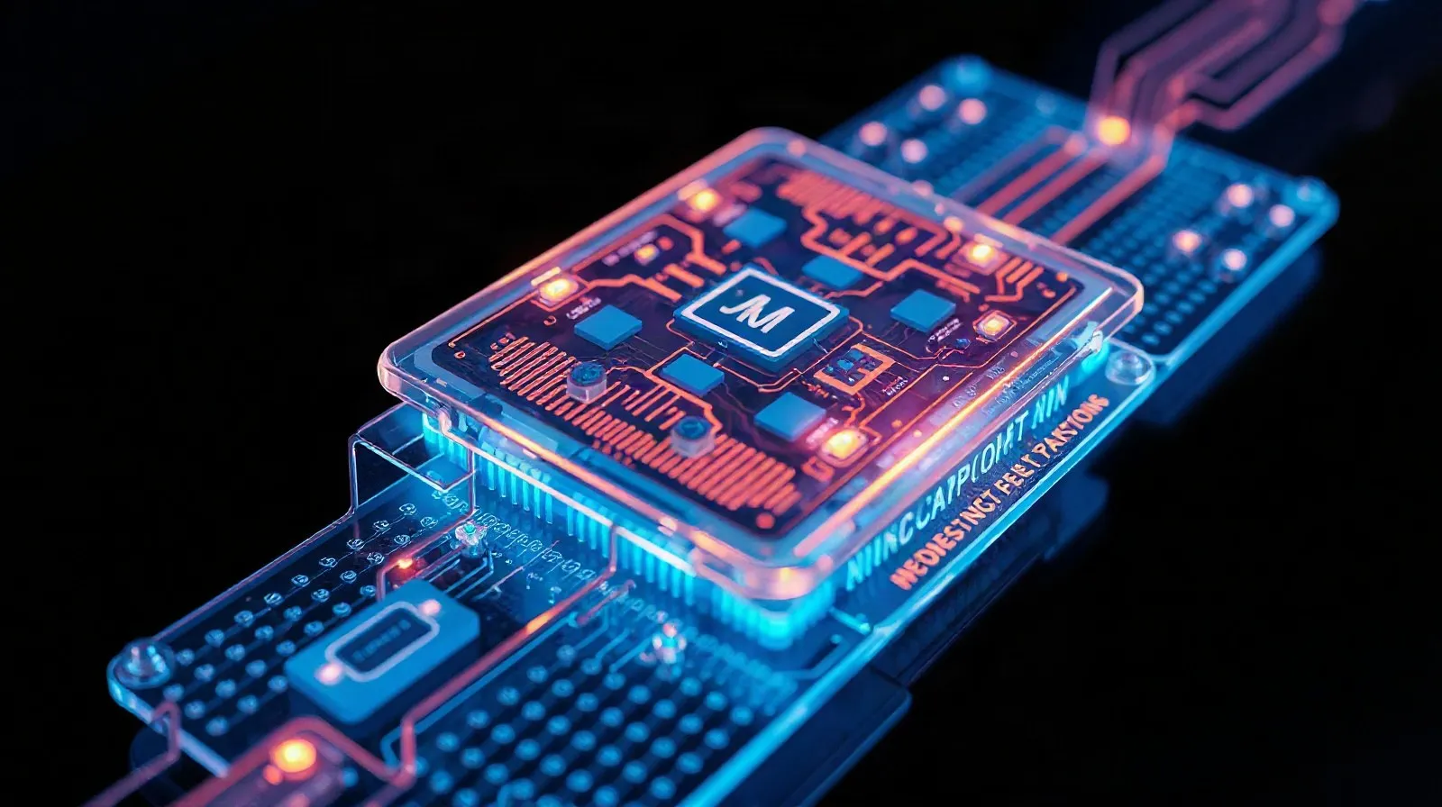 Ilustración abstracta de un chip de procesador futurista con circuitos brillantes en tonos azules y naranjas