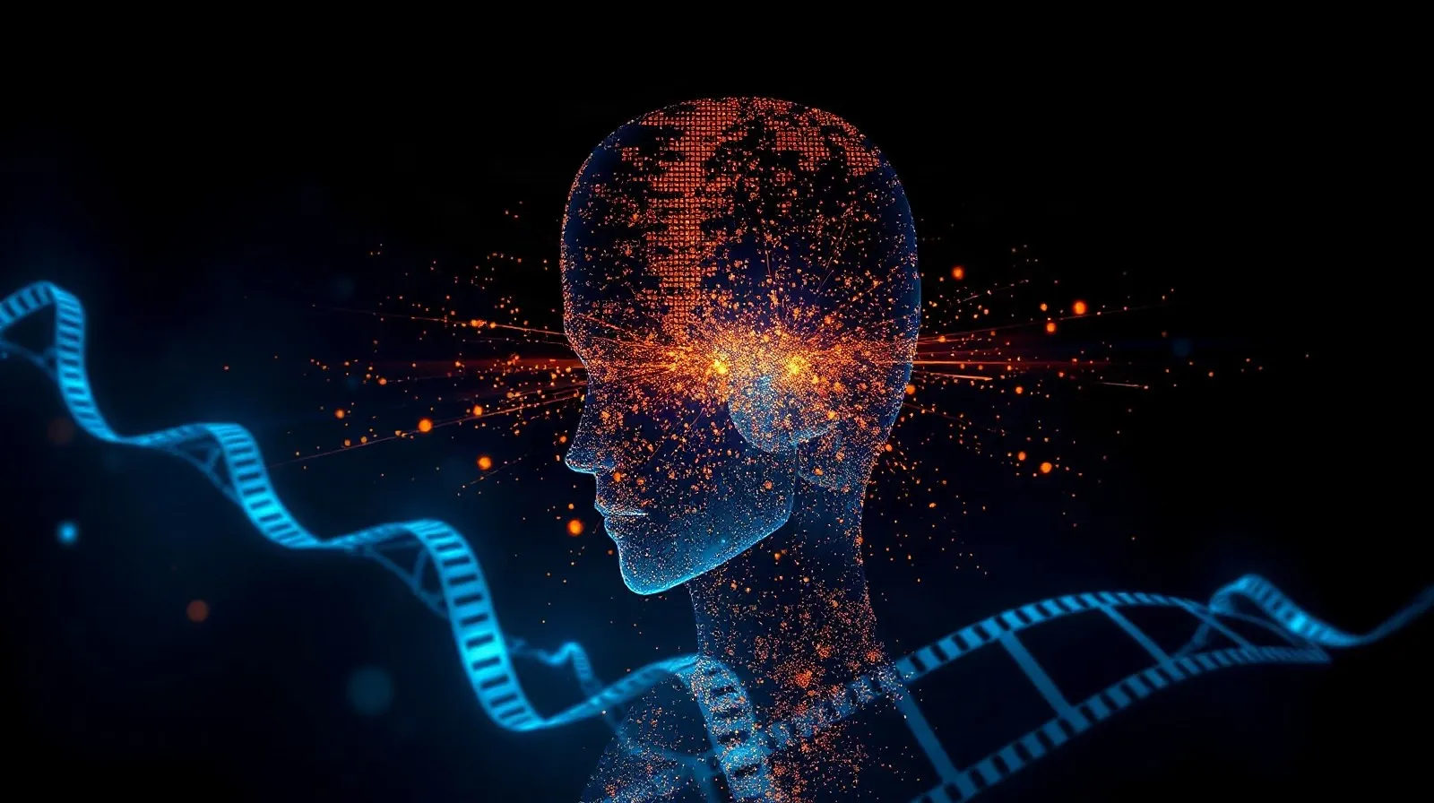 Ilustración abstracta de una silueta humana formada por partículas de luz digital sobre fondo cinematográfico oscuro