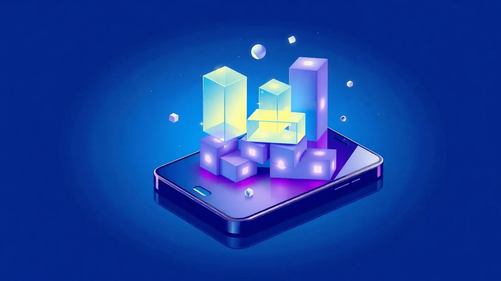 Ilustración abstracta de bloques digitales formando un mundo virtual sobre un teléfono, representando la creación de juegos con IA