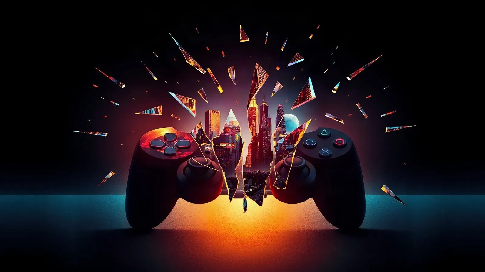 Ilustración abstracta de fragmentos de una ciudad digital dispersándose junto a un control de videojuego, representando una filtración