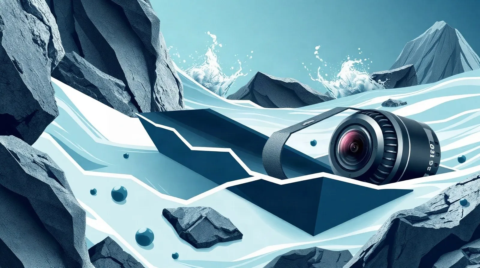 Ilustración abstracta de un dispositivo resistente al agua con un módulo de cámara circular desprendible, en tonos azules y grises