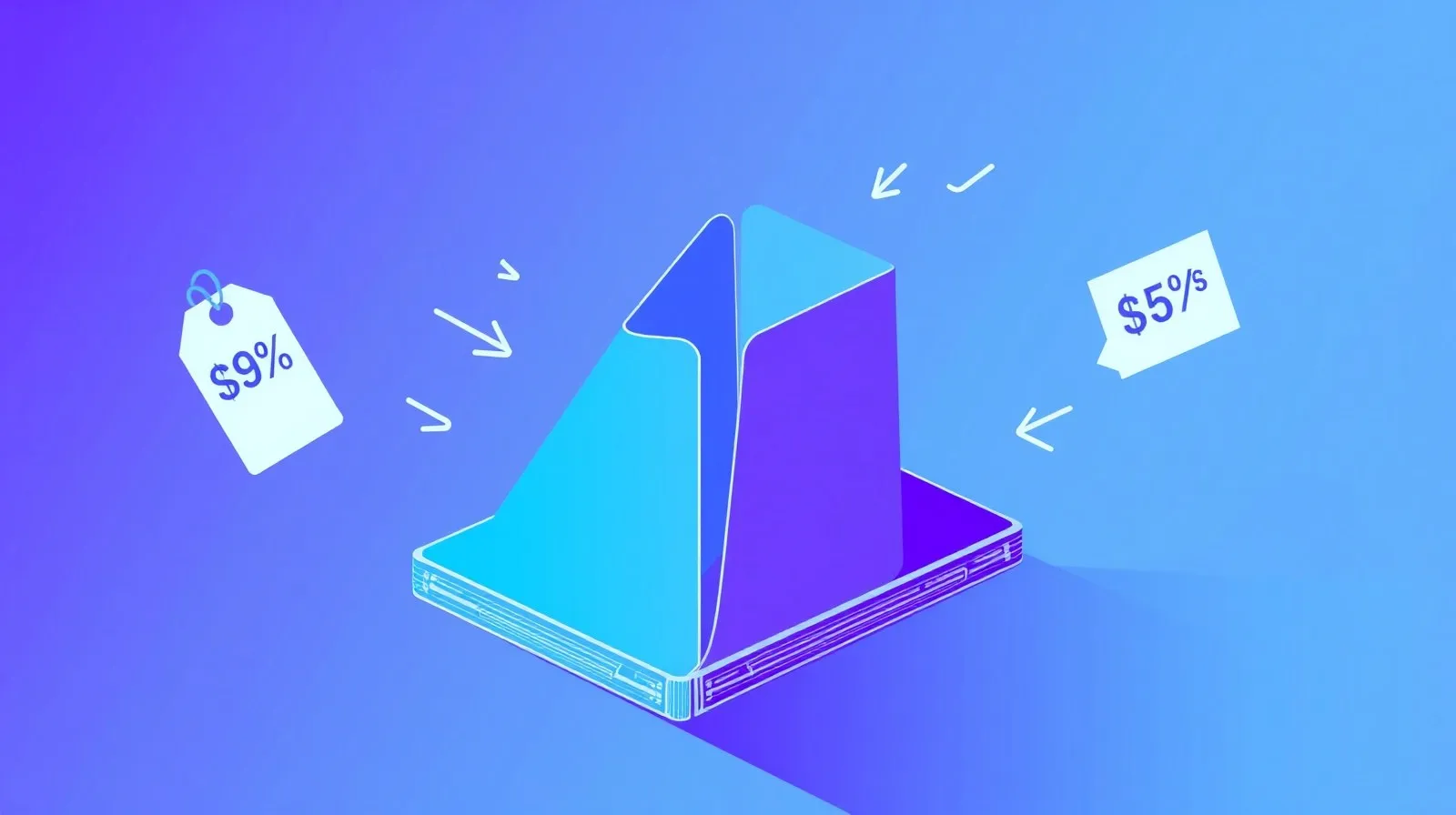 Ilustración abstracta de un teléfono plegable rodeado de formas geométricas que simbolizan ofertas y precios