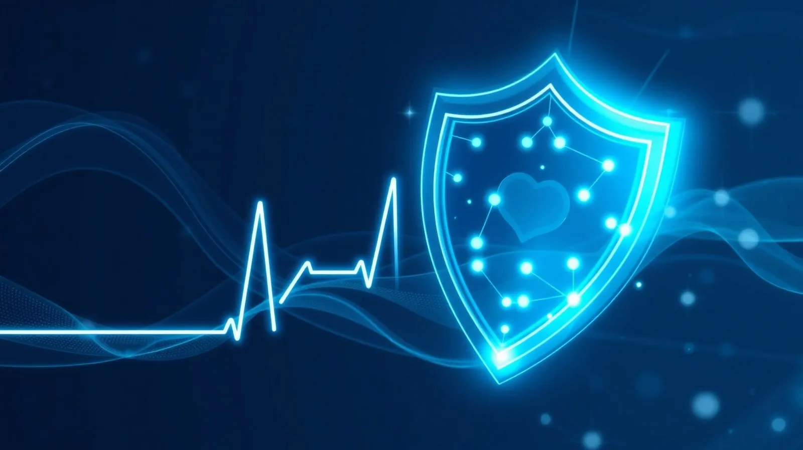 Ilustración abstracta de datos de salud digital protegidos por una capa translúcida en tonos azules