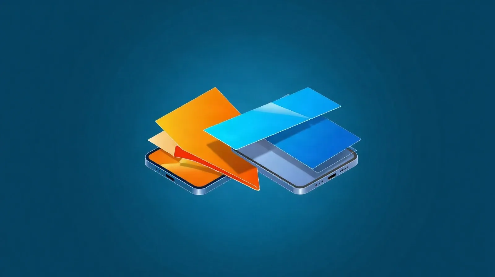 Ilustración abstracta de paneles plegables en tonos azules y naranjas representando la competencia entre teléfonos plegables