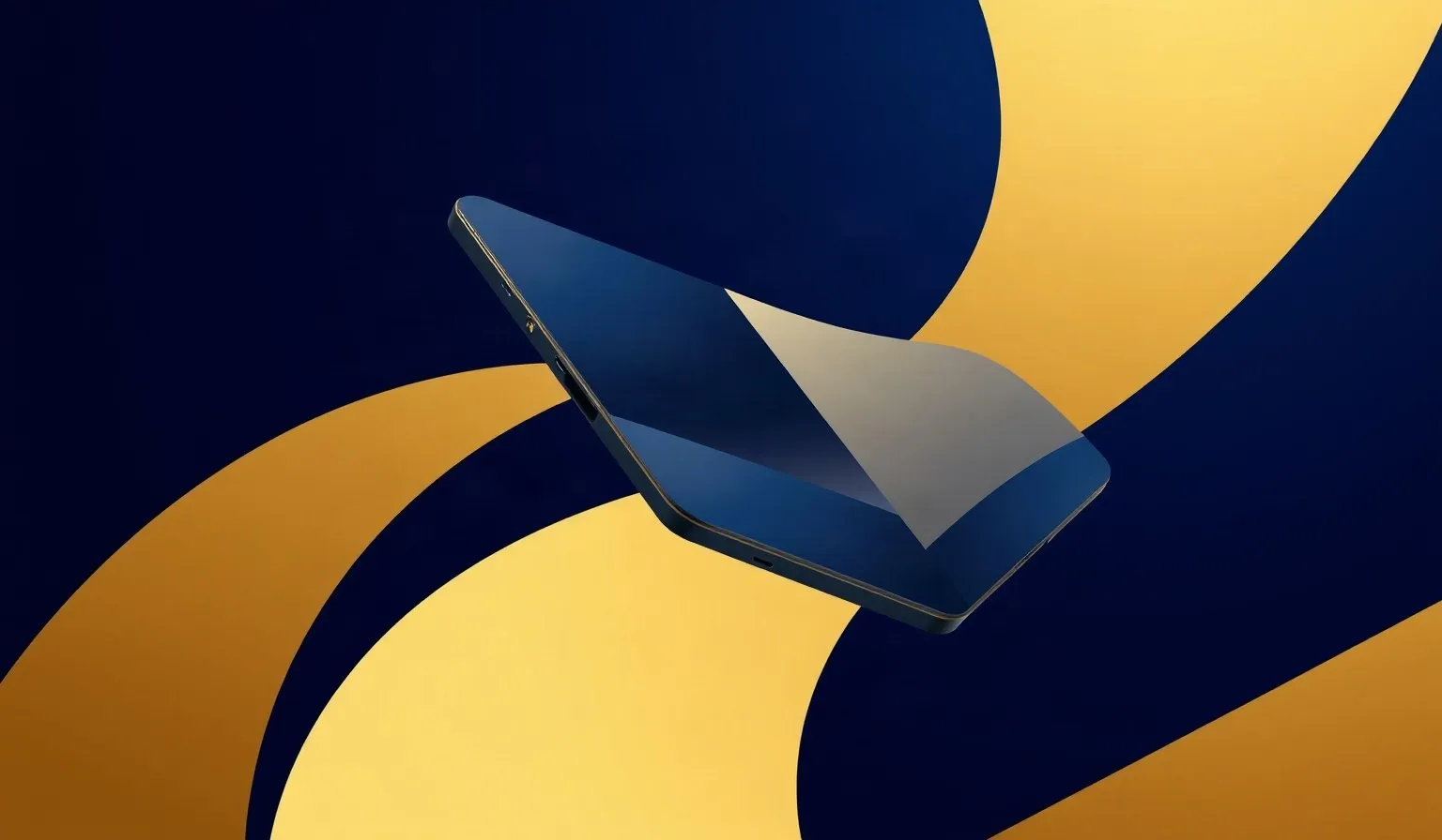 Ilustración abstracta de formas plegables en azul oscuro y dorado representando un teléfono plegable de lujo