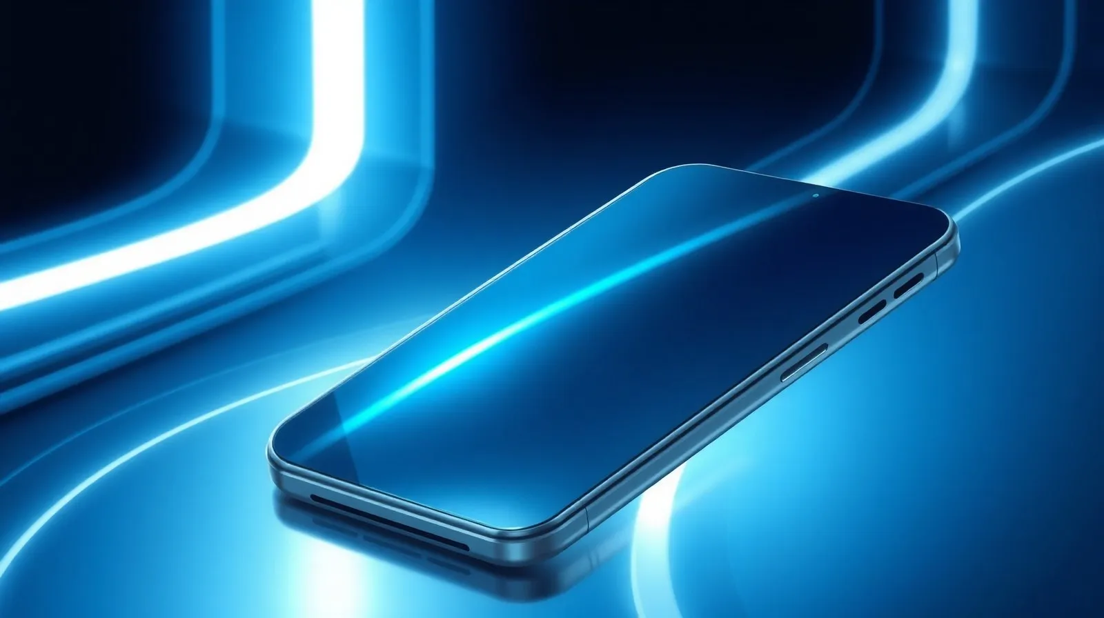 Ilustración abstracta de un teléfono plegable desplegándose entre capas de luz azul y plateada