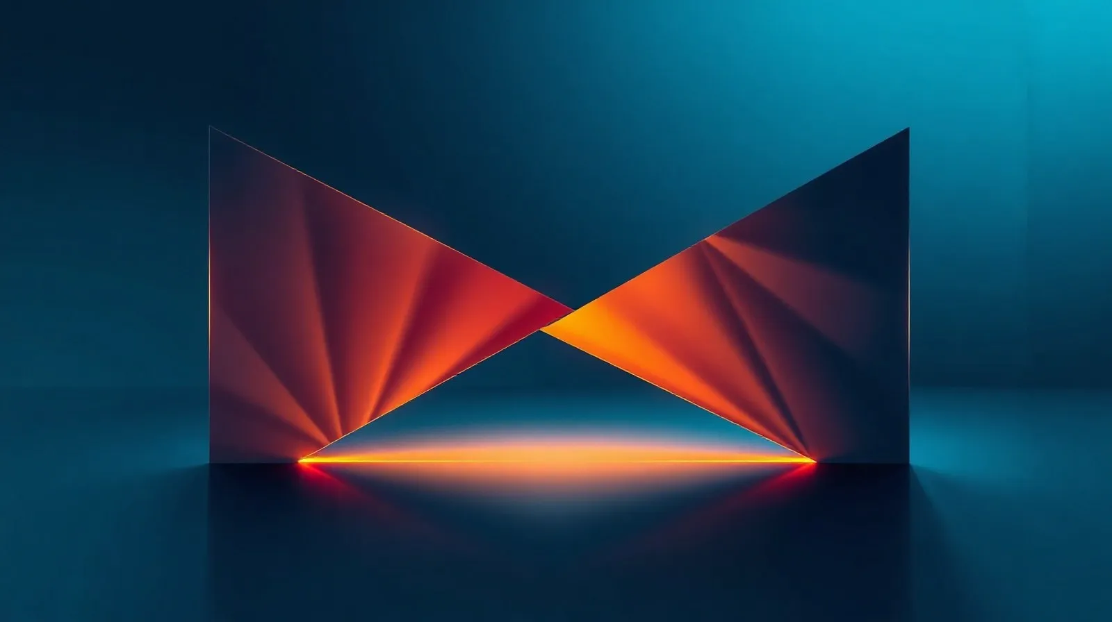 Ilustración abstracta de dos superficies plegándose sobre un eje luminoso, representando la tecnología de teléfonos plegables