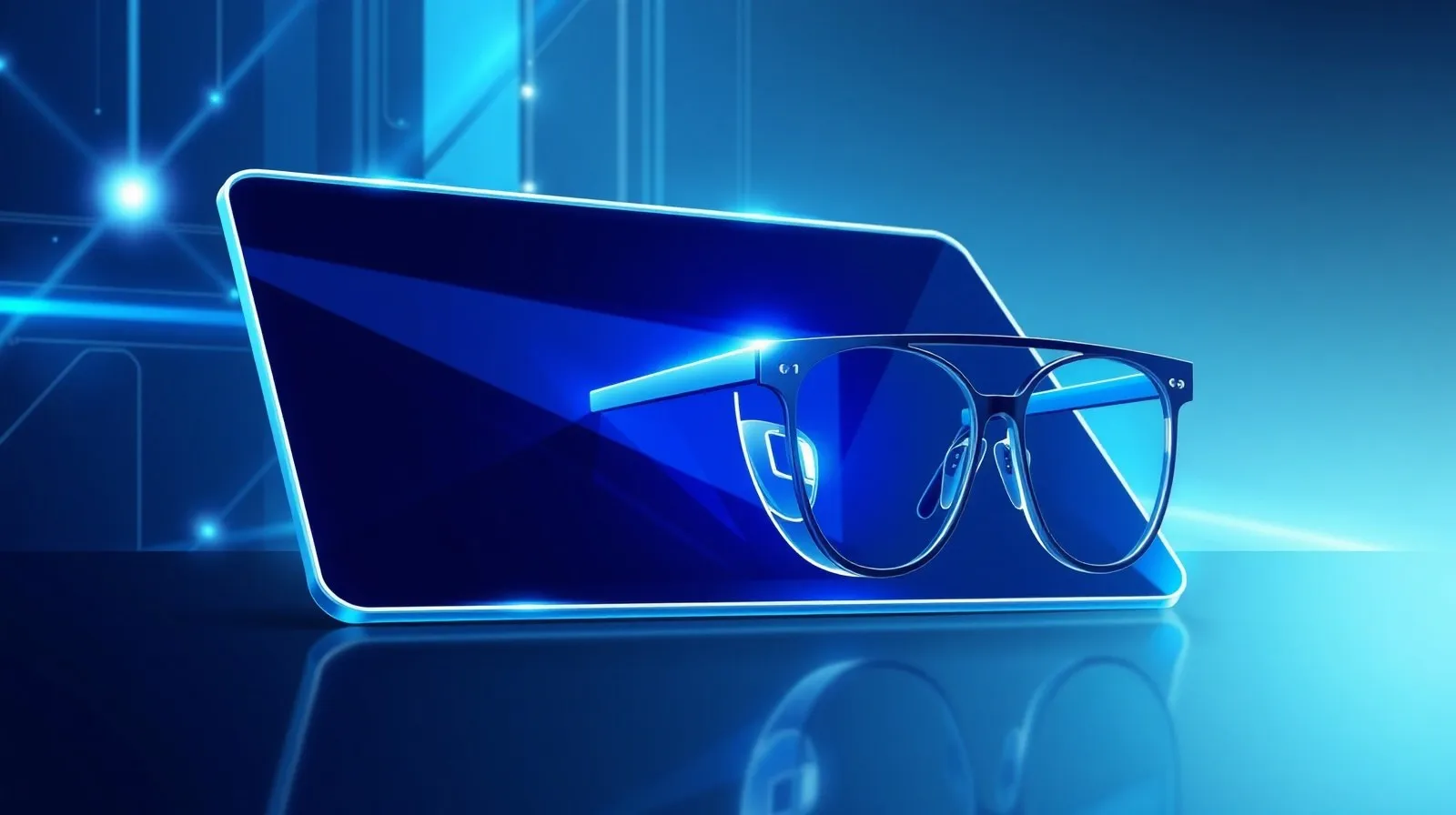 Ilustración abstracta de una tableta y unas gafas inteligentes con luces geométricas futuristas