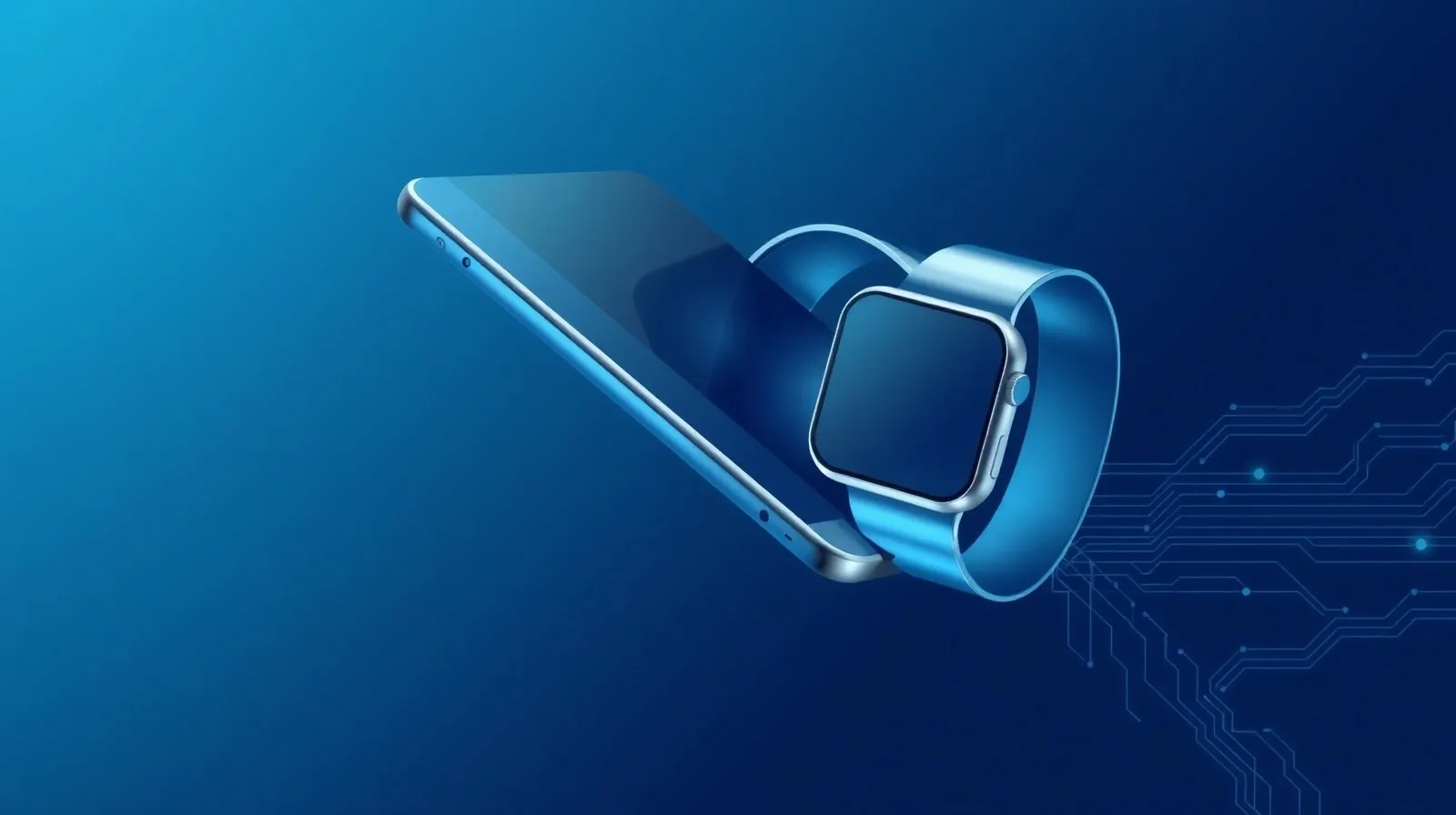 Ilustración abstracta de formas geométricas que representan celulares plegables y relojes inteligentes en tonos plateados y azules
