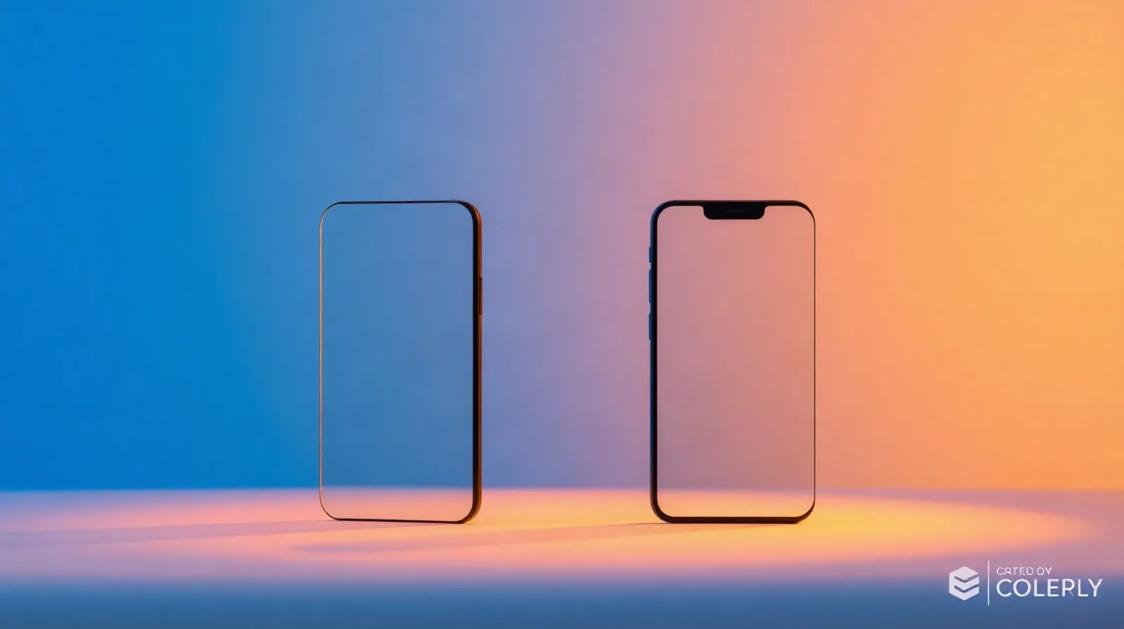 Ilustración abstracta de dos siluetas de teléfonos plegables en tonos azules y ámbar representando la competencia entre fabricantes