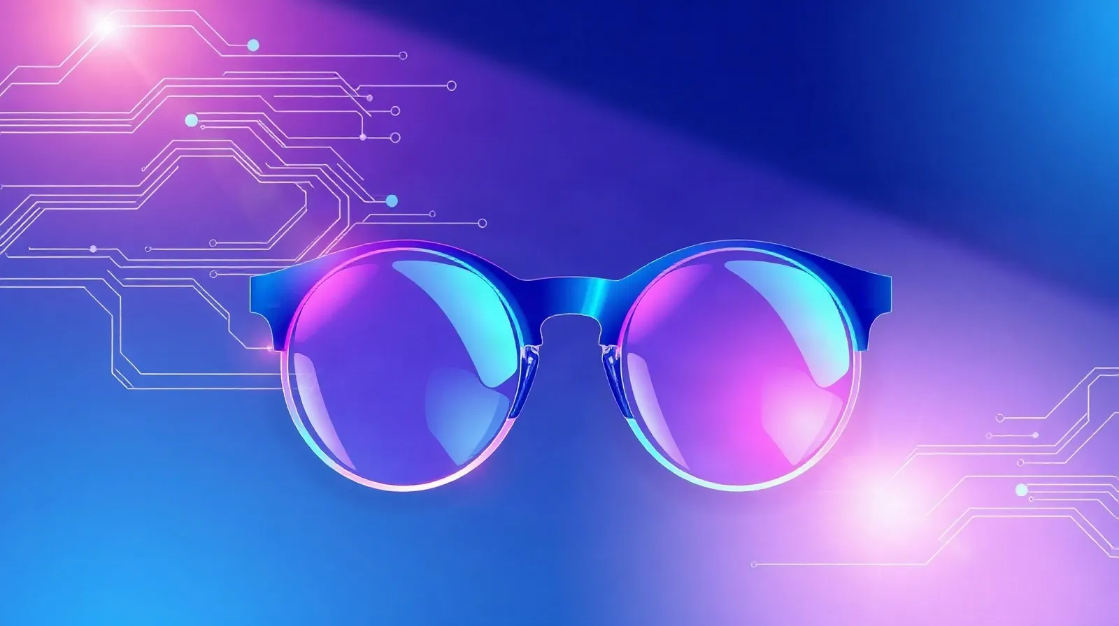 Ilustración abstracta de unos lentes inteligentes futuristas con líneas de luz y patrones tecnológicos