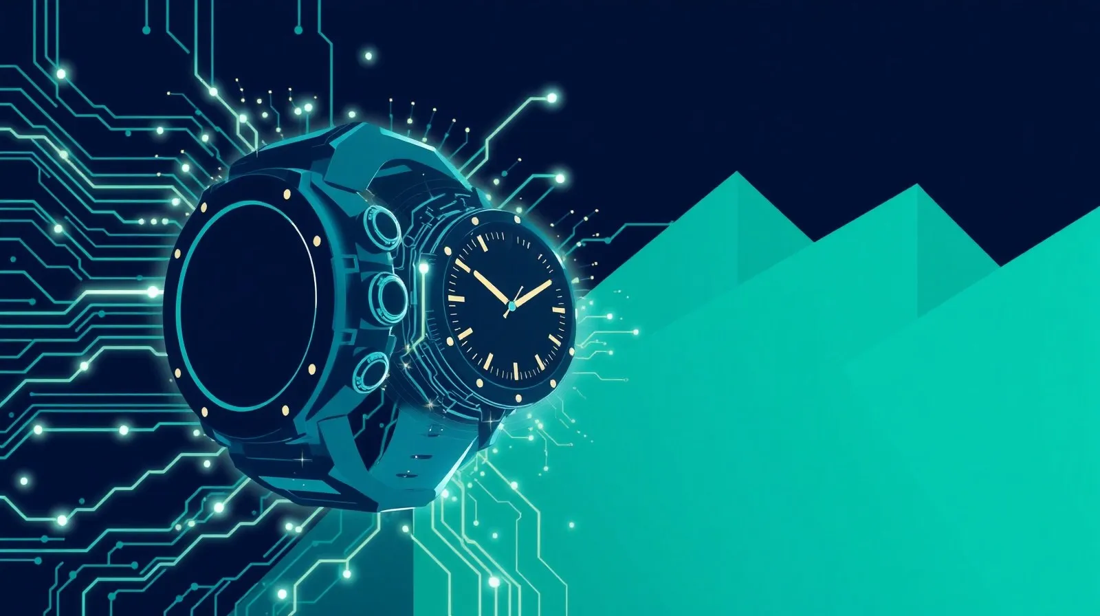 Ilustración abstracta de un reloj inteligente robusto con patrones tecnológicos en tonos azules y metálicos