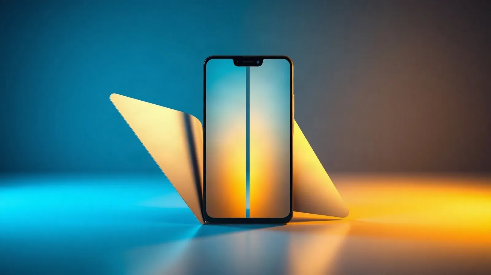 Ilustración abstracta de un teléfono plegable dividido en paneles que representan comparación entre modelo nuevo y reacondicionado
