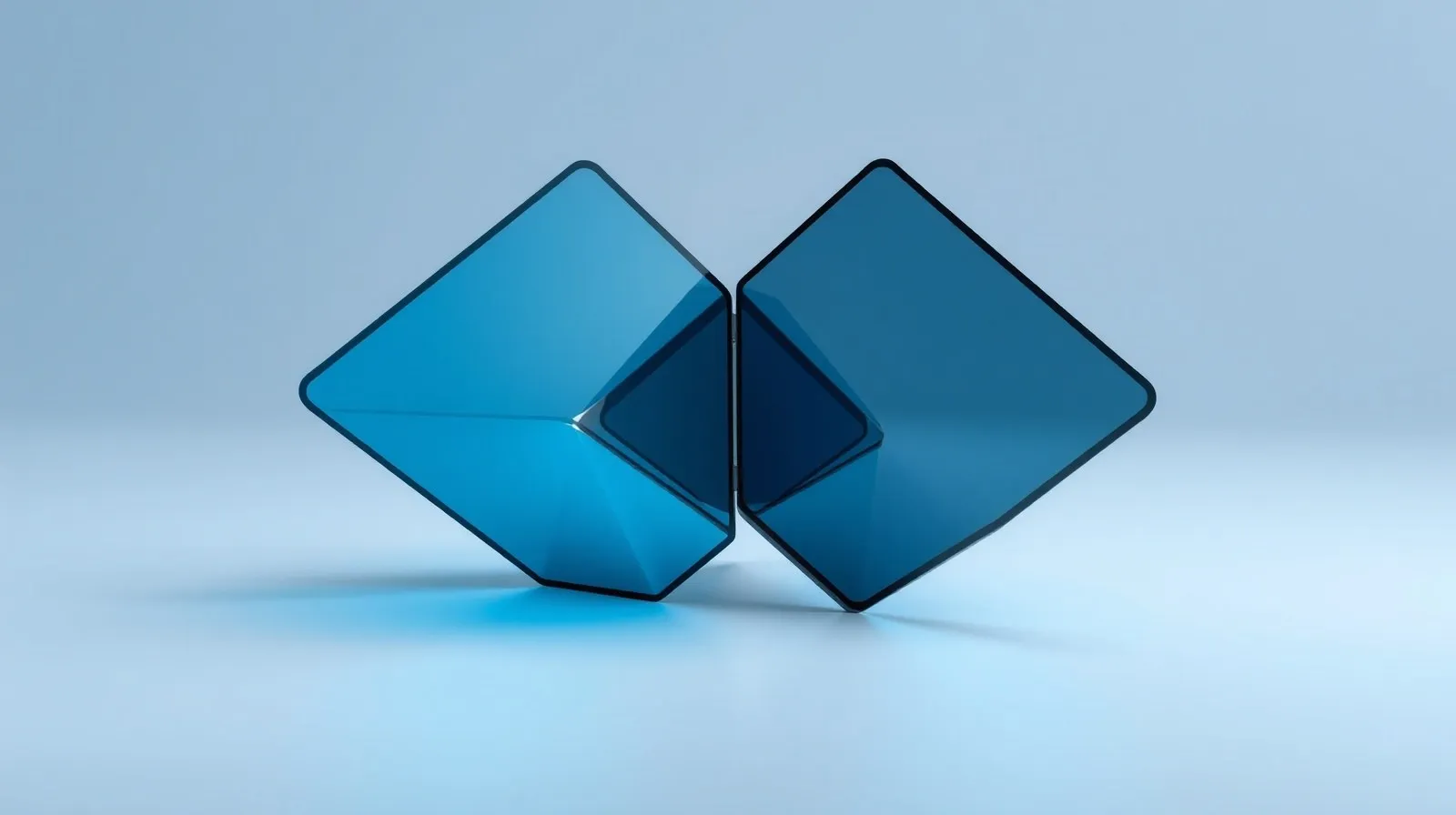 Ilustración abstracta de formas plegables que representan pantallas de teléfonos plegables en tonos azules y grises
