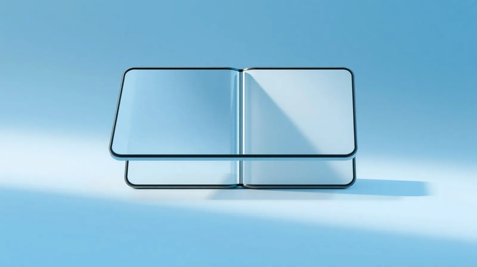 Ilustración abstracta de un teléfono plegable con paneles superpuestos en tonos azules y grises