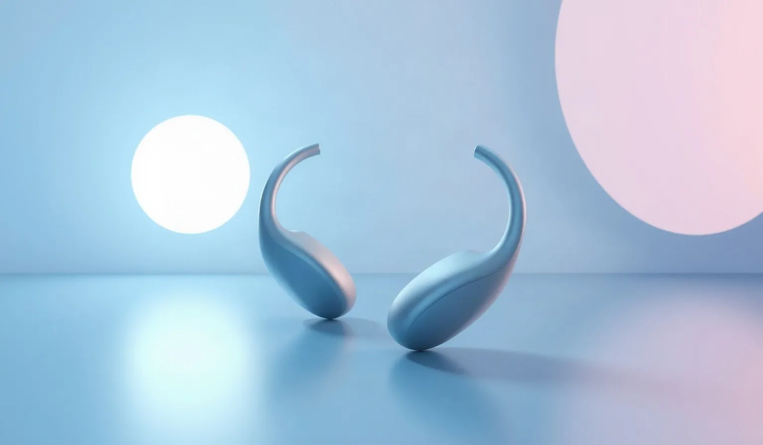 Ilustración abstracta de audífonos inalámbricos de clip con diseño de oído abierto sobre fondo de tonos azules y plateados