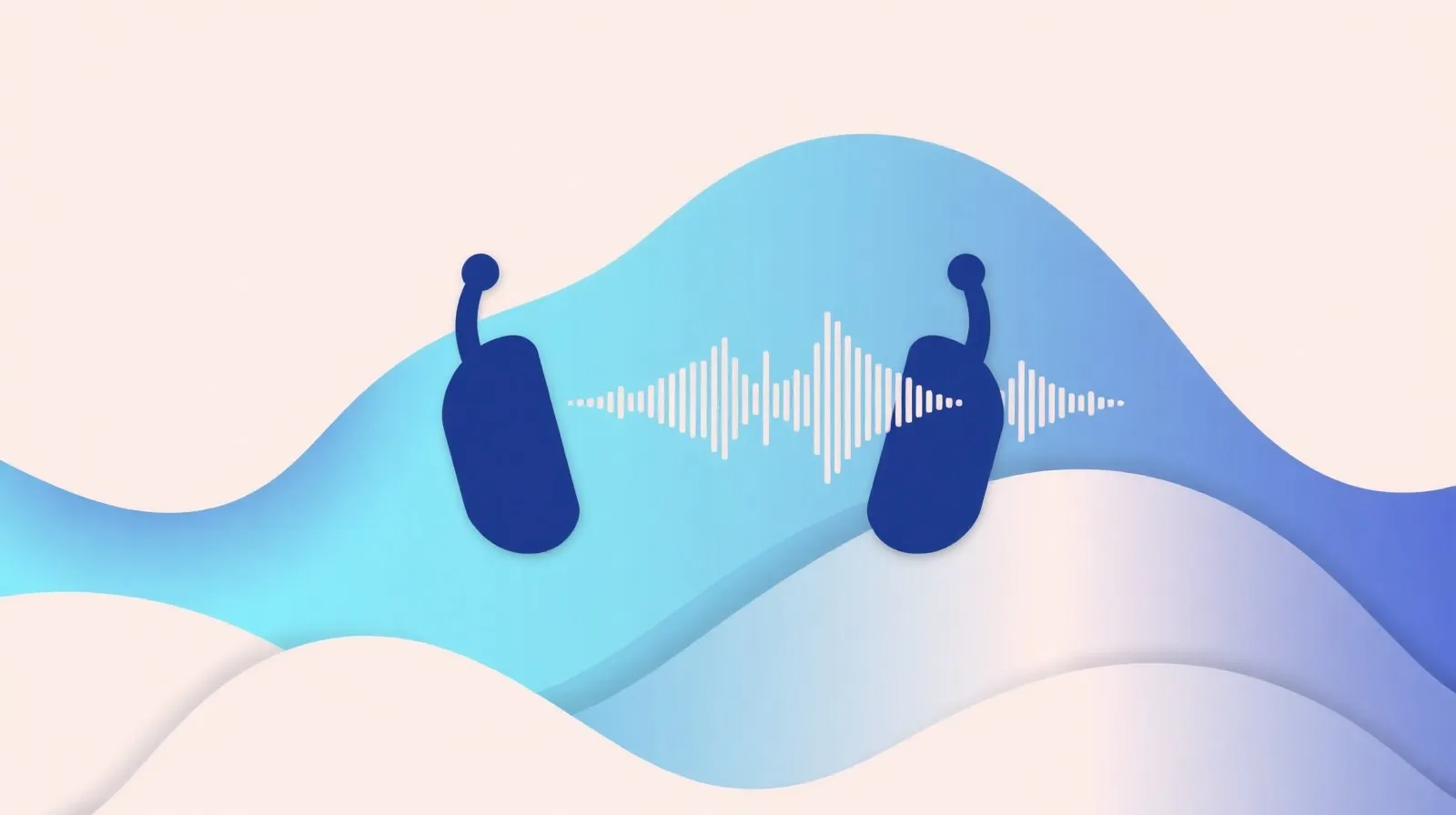 Ilustración abstracta de ondas sonoras y un audífono inalámbrico representando tecnología auditiva