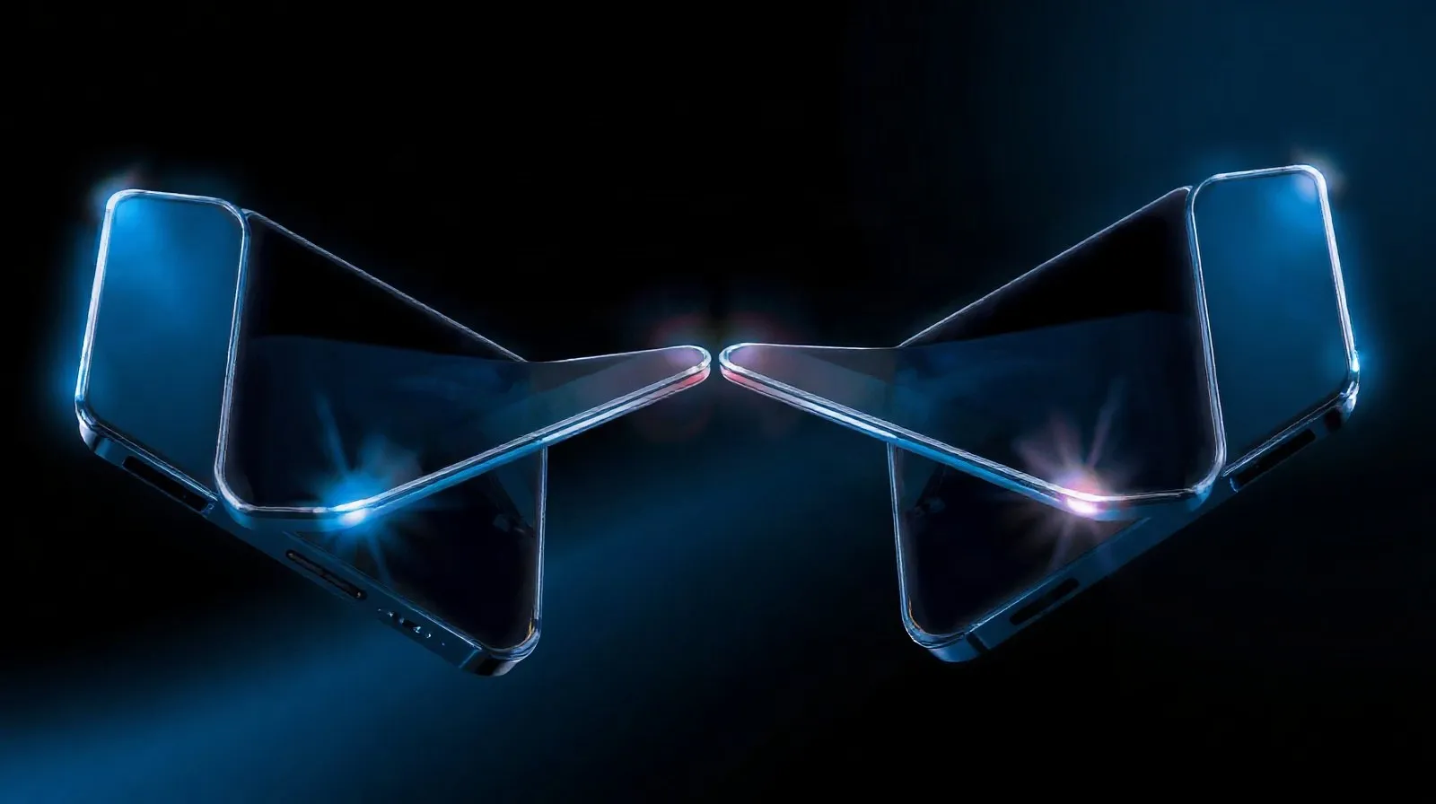 Ilustración abstracta de dos teléfonos plegables enfrentados simbolizando la rivalidad tecnológica entre Samsung y Apple