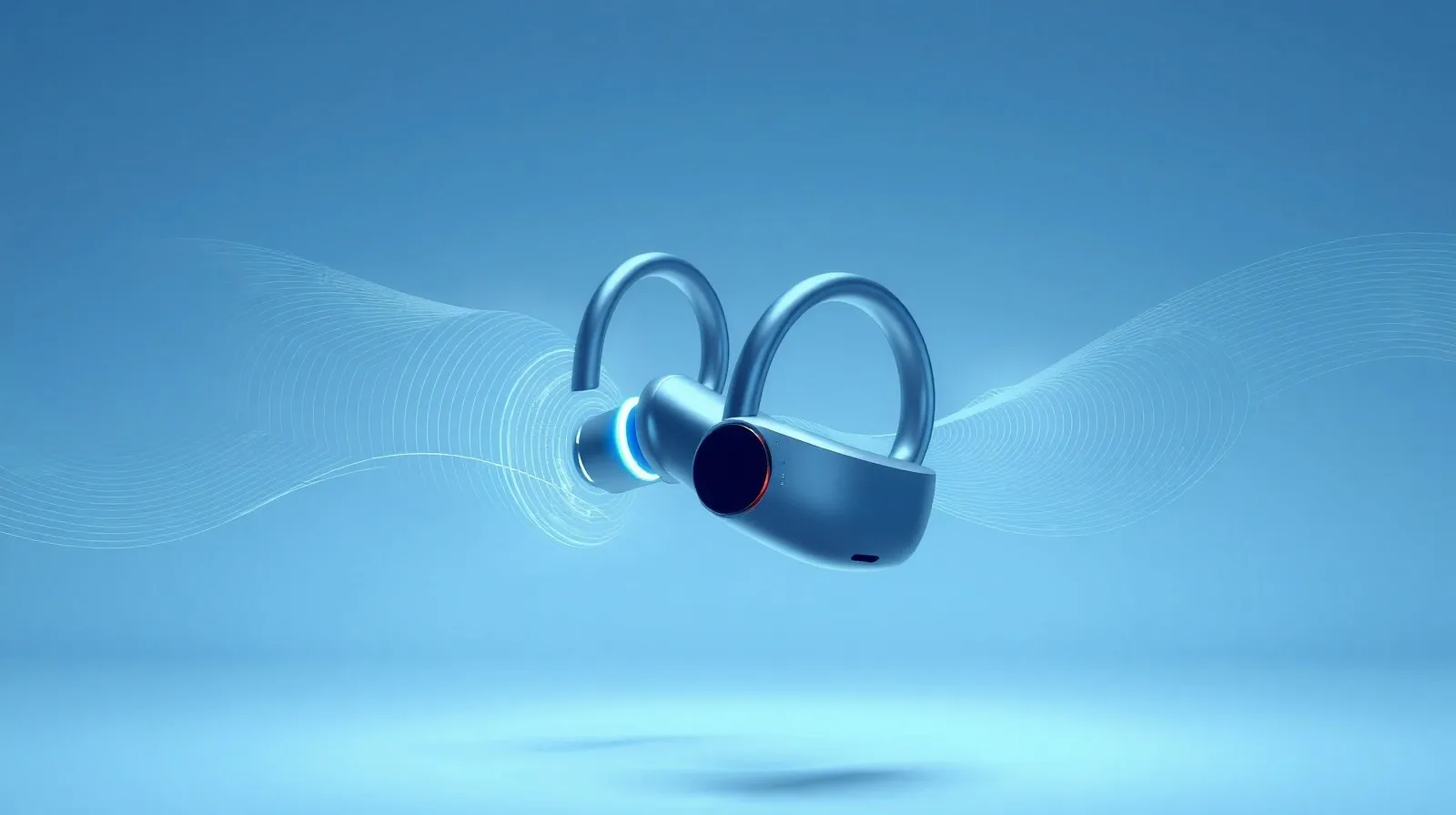 Ilustración abstracta de auriculares inalámbricos flotando con ondas de sonido en tonos azules y plateados